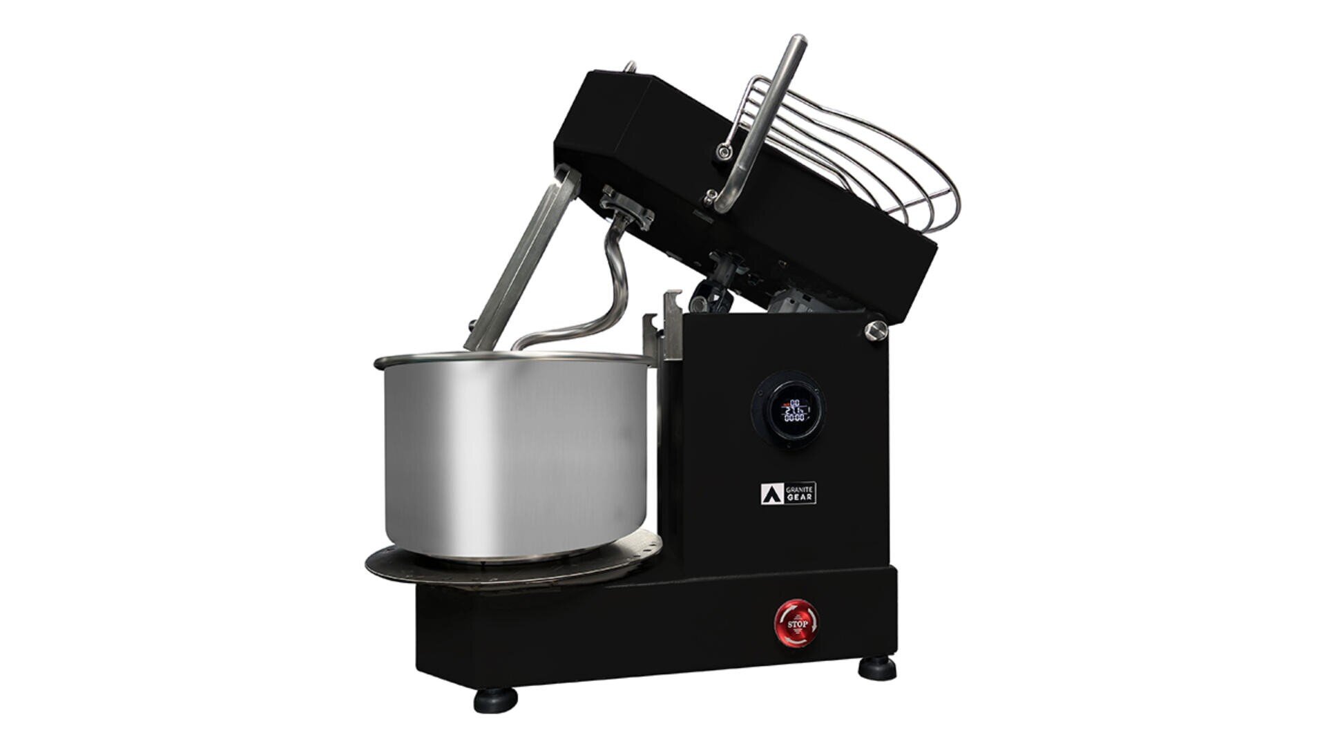 A black commercial dough mixer with a tilted top, a large stainless steel mixing bowl, and metal whisk attachment, displayed against a white background.