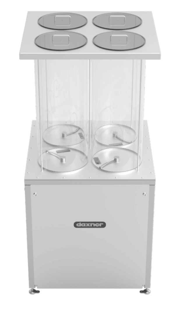 Eine Industriemaschine aus Edelstahl mit vier transparenten zylindrischen Behältern, die jeweils mit einem runden Deckel versehen sind. Auf der Vorderseite ist das Daxner-Logo abgebildet. Die Maschine steht auf kleinen Rädern.