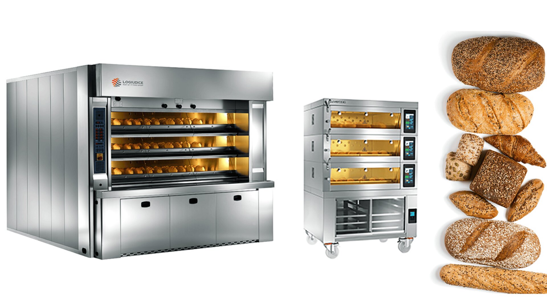 Two commercial bread ovens with digital controls, one large and one medium-sized, are shown beside a variety of assorted baked breads, including rolls and loaves in different shapes and crusts.