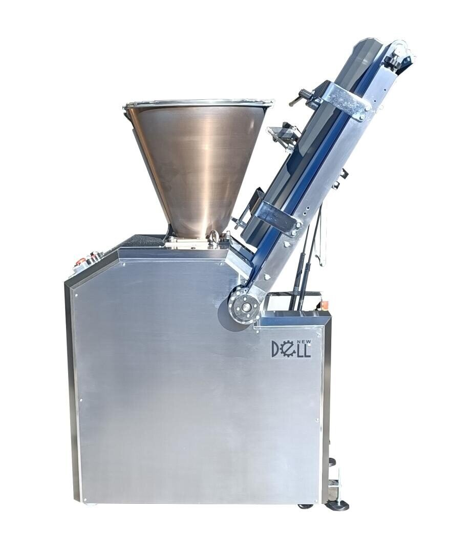 A large industrial food processing machine with a metal hopper and angled conveyor system, shown against a white background. The machine is labeled DAZL on the side.