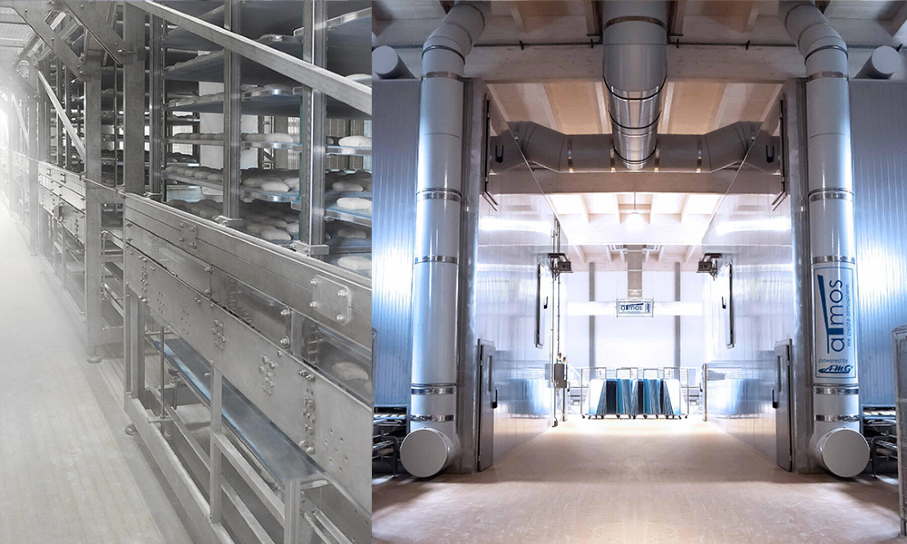 Industrial bakery facility with metal racks holding bread dough on the left, and a modern, clean processing area with large ventilation pipes and metal equipment on the right.