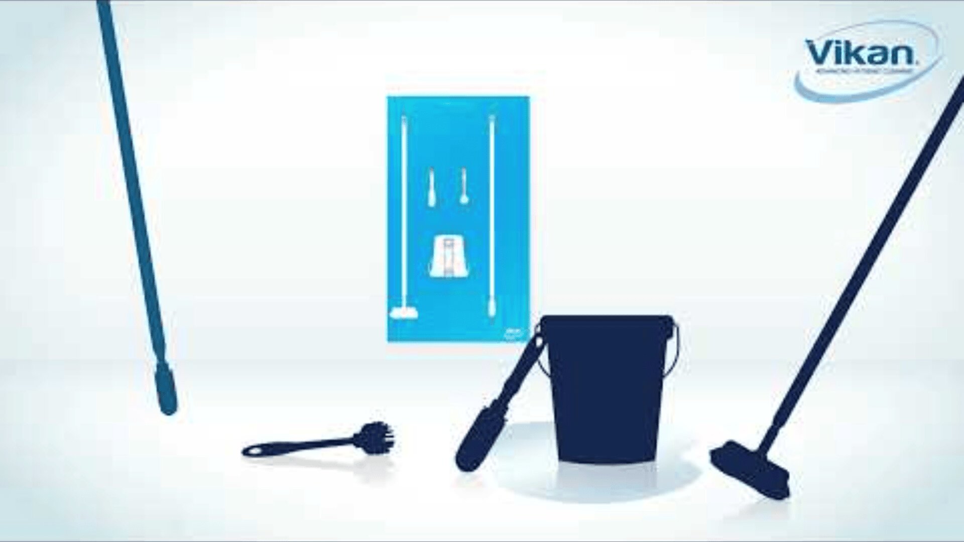 Silhouettes of cleaning tools, including a long-handled brush, scrubbing brush, bucket, and floor squeegee, with a blue Vikan wall organizer and logo in the background.