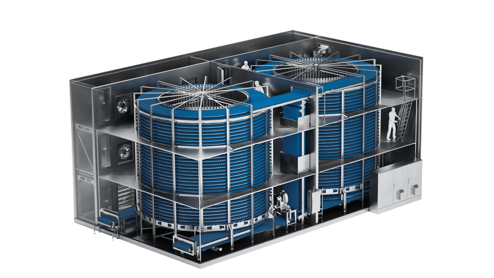Schnittansicht einer industriellen Kühl- oder Gefrieranlage mit zwei großen Spiralfördersystemen, blauen Lagerregalen und mehreren menschlichen Figuren und Leitern für die Skalierung und Wartung innerhalb eines Metallgehäuses.