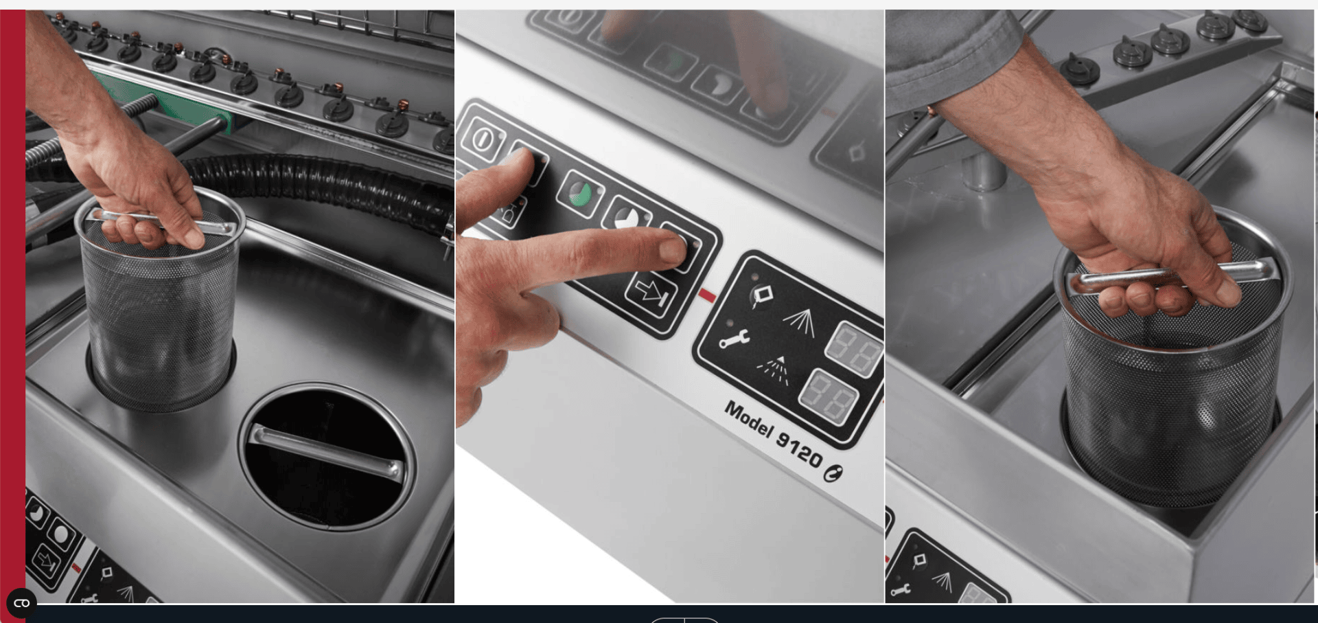 Dreiteiliges Bild: Links: Eine Hand senkt einen Metallgitterkorb in eine Industriemaschine. In der Mitte drückt eine Hand eine Taste auf einem Bedienfeld mit der Aufschrift Modell 9120. Rechts, eine Hand hebt den Korb aus der Maschine.