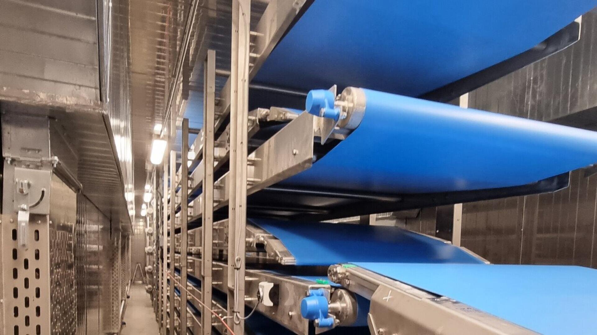 Mehrere blaue Förderbänder sind vertikal in einer industriellen Metallstruktur gestapelt, die wahrscheinlich Teil eines automatisierten Verarbeitungs- oder Fertigungssystems ist; Leuchtstoffröhren beleuchten die Szene.