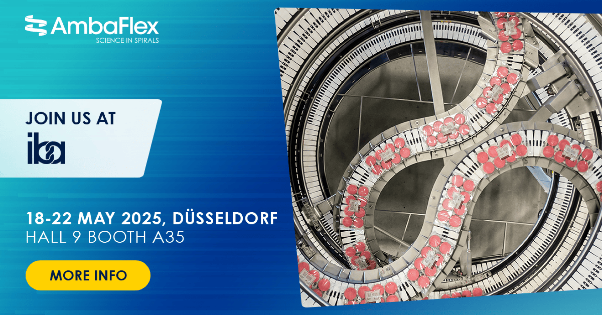 Promotional banner for AmbaFlex at interpack 2025, showing conveyor spirals moving red packages, with event details: 18-22 May 2025, Düsseldorf, Hall 9 Booth A35. Blue background with More info button.