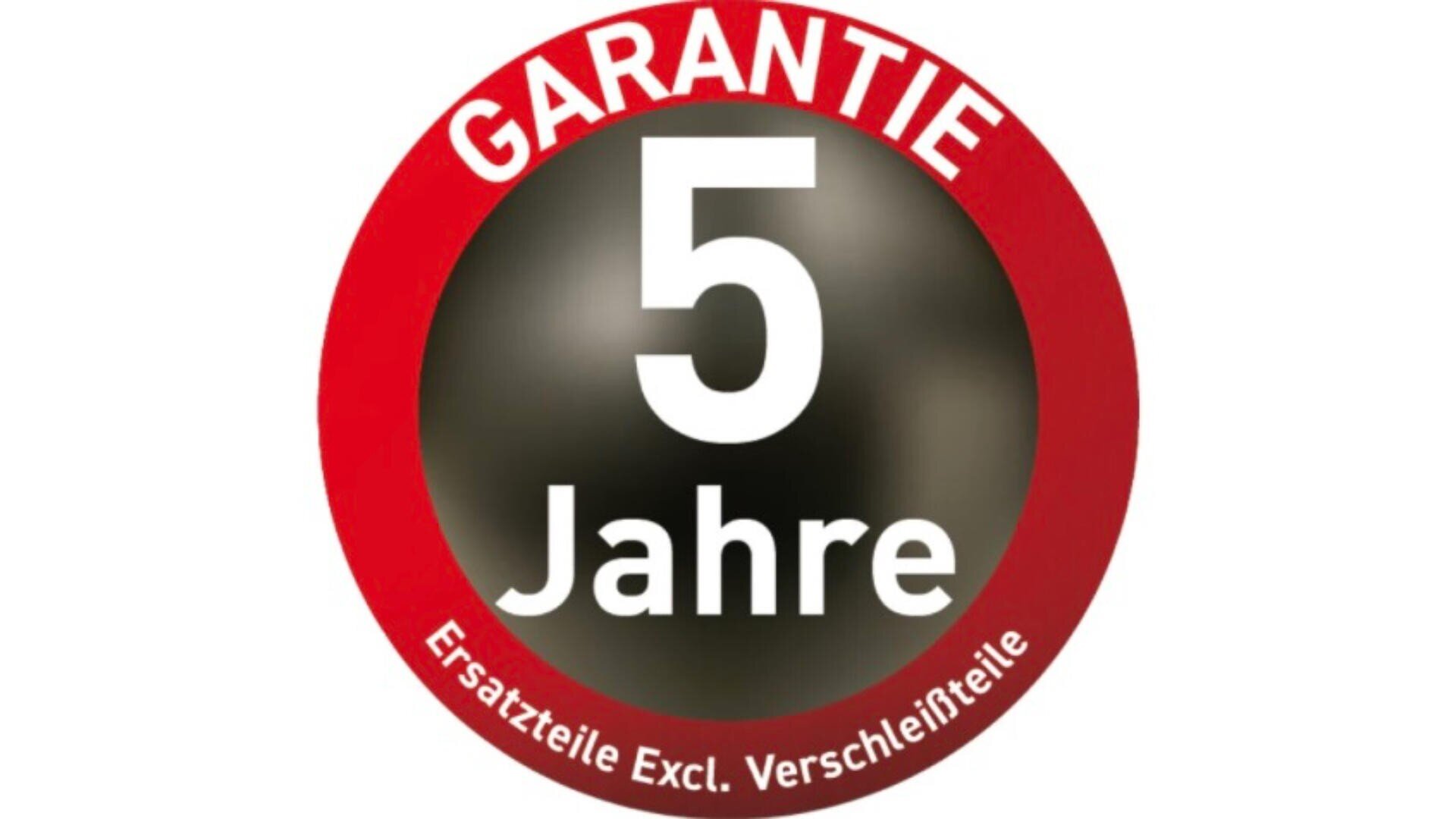 Kreisförmiges Abzeichen mit rotem Rand und schwarzer Mitte. Der große Text in der Mitte lautet 5 Jahre. Der rote Rand enthält oben die Worte GARANTIE und unten Ersatzteile Excl. Verschleißteile.