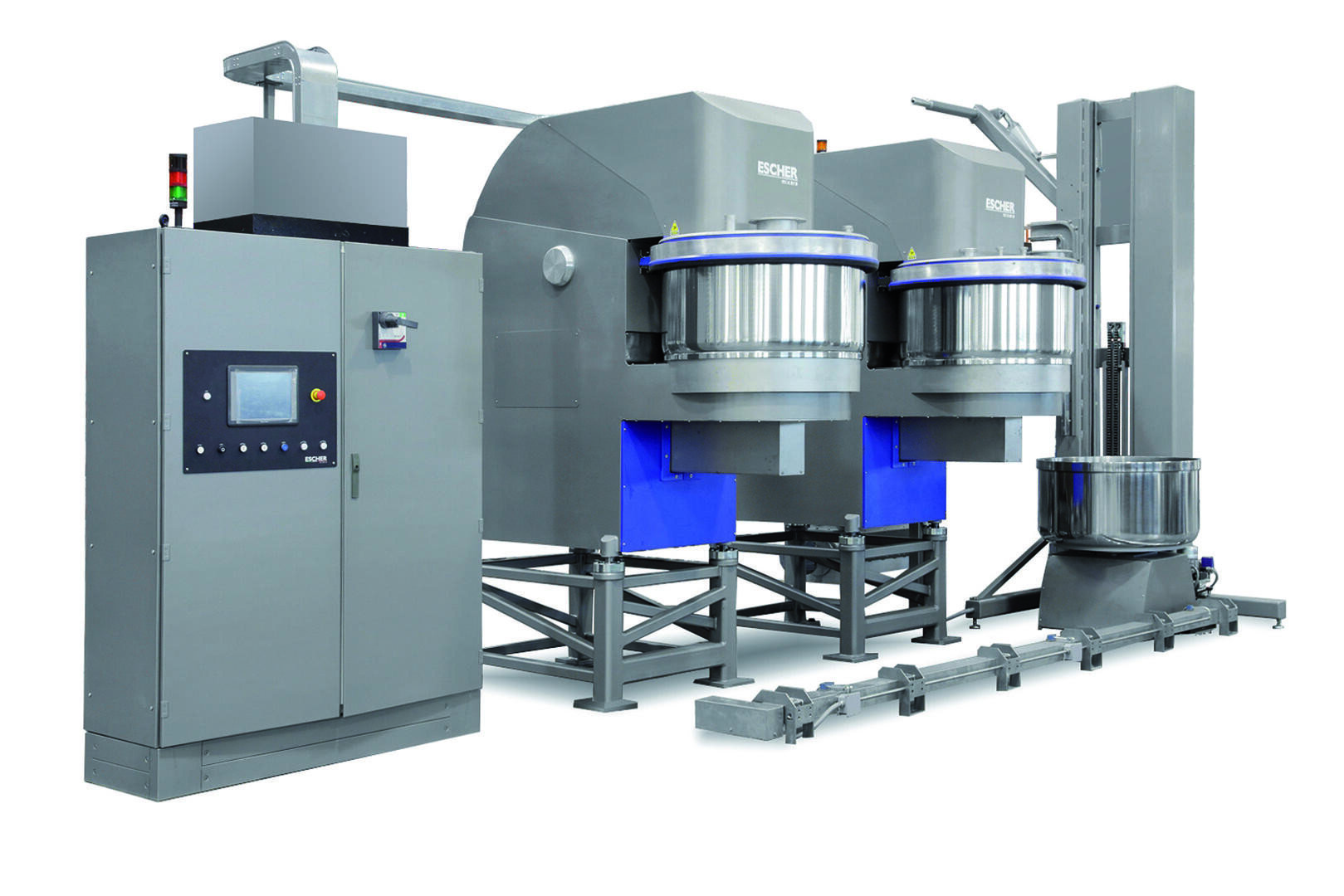 Modern industrial dough mixing machine with two large stainless steel mixing bowls, a control panel with a screen and buttons, and automated lifting equipment, all in a clean, bright environment.
