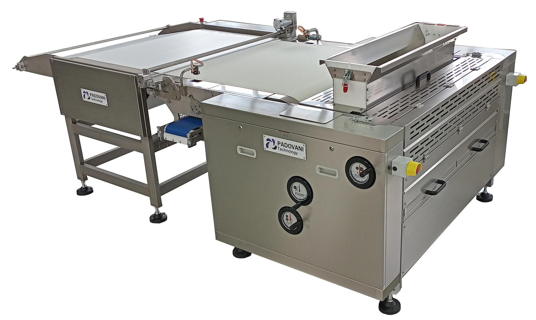 A large industrial dough sheeter machine made of stainless steel with conveyor belts, control gauges, and branded “Padovani.” The equipment is designed for bakery or food production use.
