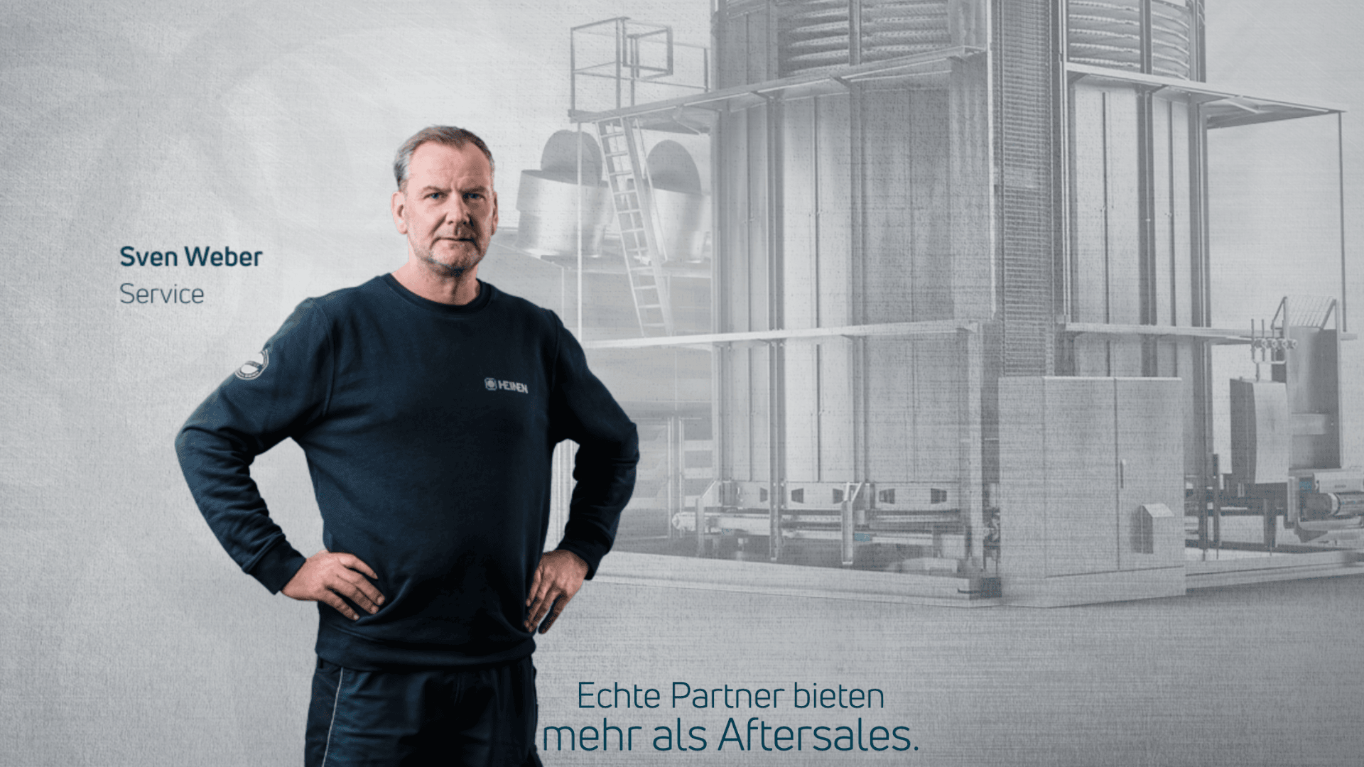 A man in a navy sweater labeled Sven Weber, Service stands with hands on hips in front of an industrial background. Text reads: Echte Partner bieten mehr als Aftersales.