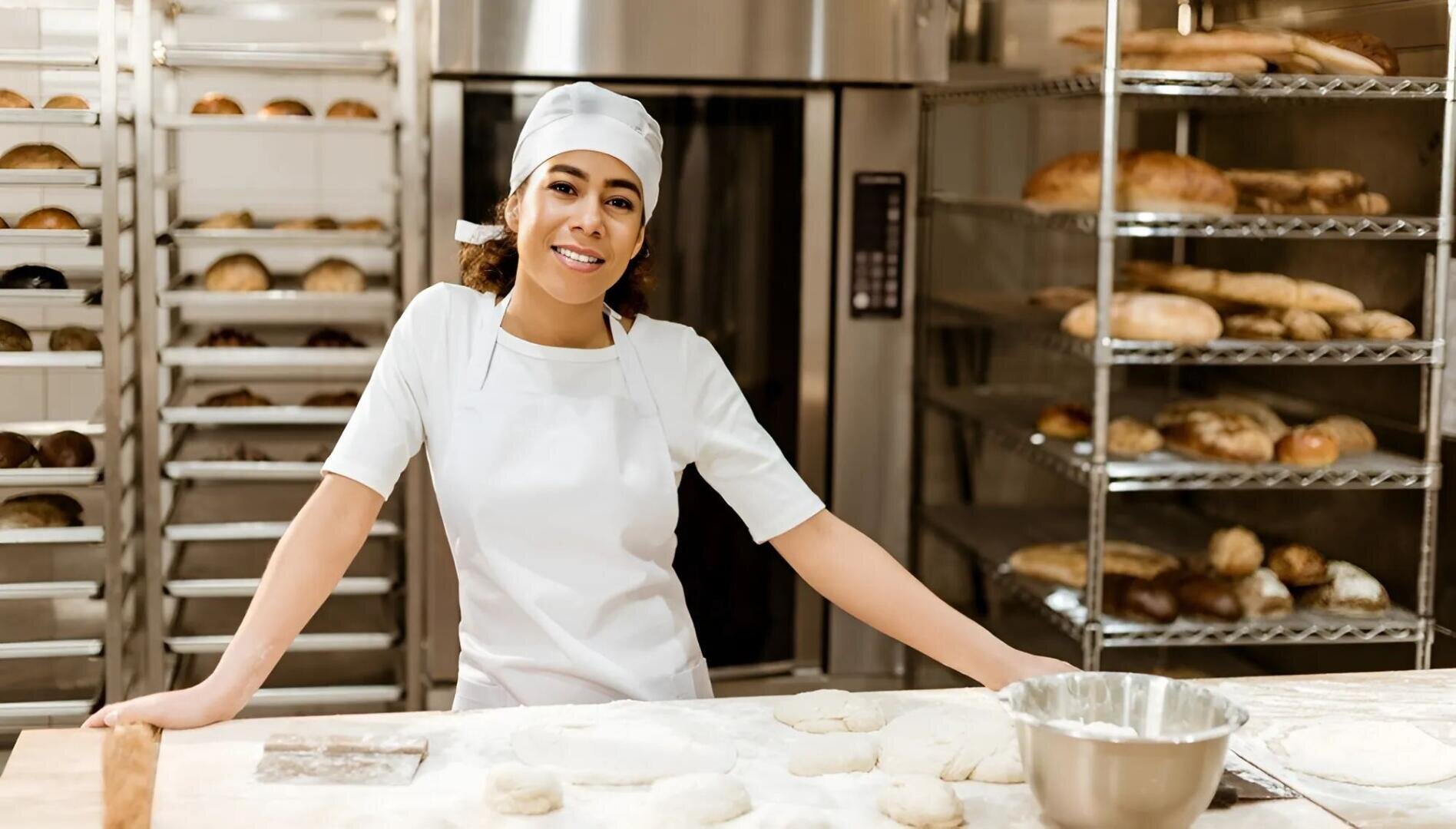 A smiling baker wearing a white apron and hat stands behind a table with dough in a bakery kitchen. Shelves filled with various types of bread are visible in the background.
