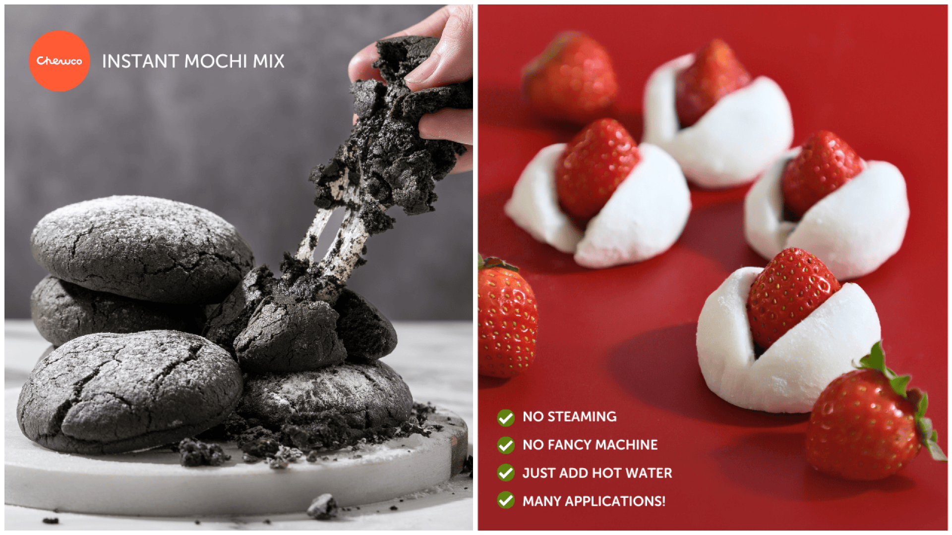 A split image showing chocolate mochi cookies being broken apart on the left, and white mochi wrapped around strawberries on the right. Text highlights instant mochi mix benefits: no steaming, no machine, just add hot water, many uses.