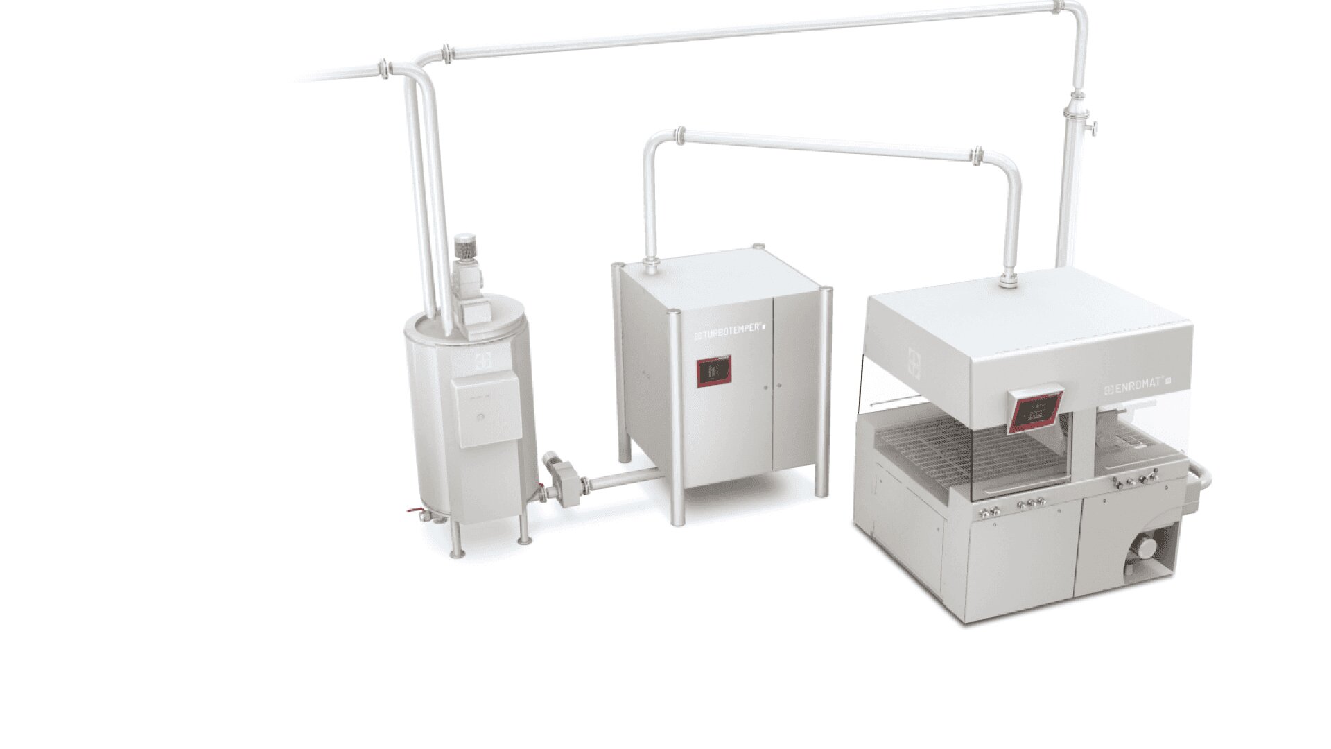 Industrial equipment setup with three connected machines, featuring metal pipes, control panels, and grated surfaces, likely used for processing or manufacturing in a clean, white environment.