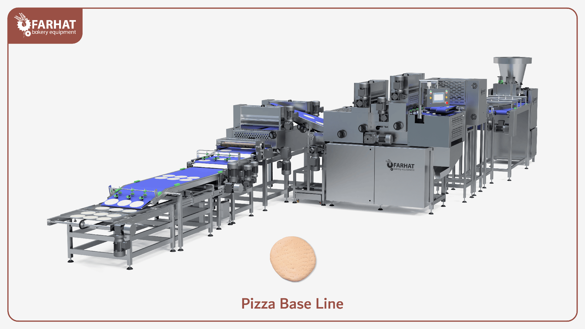 Industrial pizza base production line with conveyor belts and machinery for automated dough processing. A single pizza base is shown below the equipment. FARHAT Bakery Equipment logo is in the top left corner.