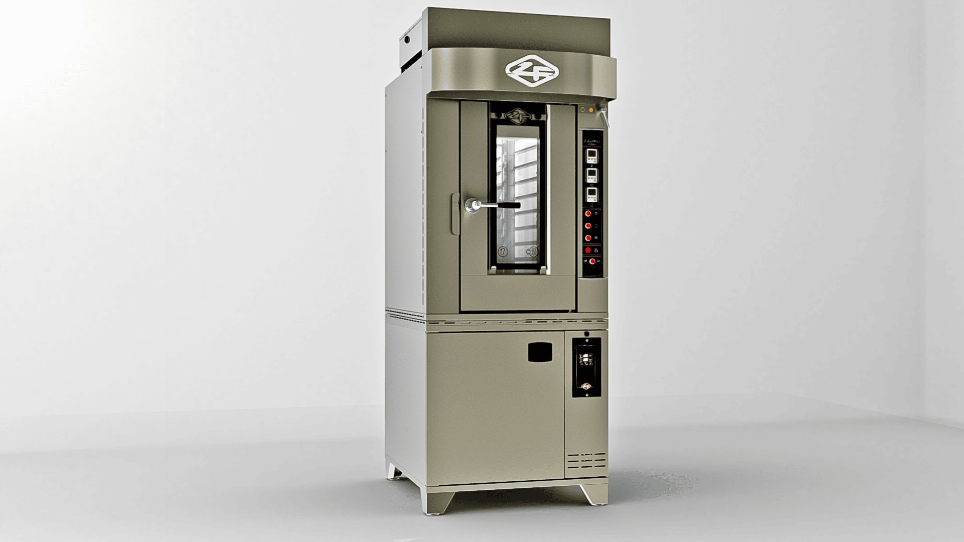 A commercial stainless steel oven with a glass front door, digital control panel, and interior racks, standing in a plain, light-colored room.