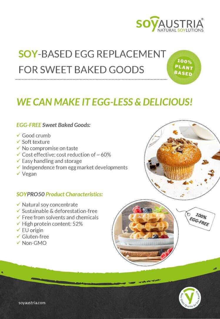 A promotional flyer for SOY Austria’s plant-based egg replacement for sweet baked goods, showing muffins and a cake. Key features and benefits of their egg-free product are listed beside the images.