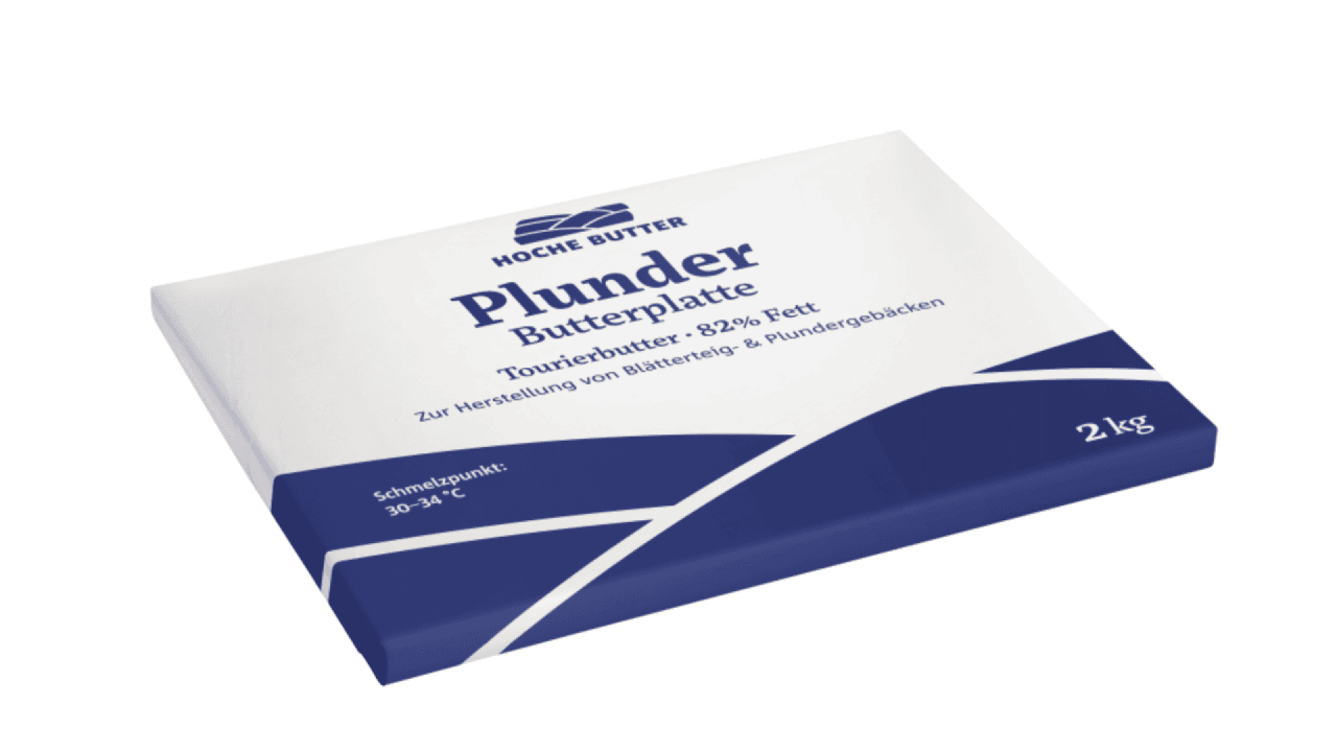 A 2 kg rectangular package of Hoche Butter Plunder Butterplatte with blue and white design, labeled as tourierbutter for pastry making, containing 82% fat. Text is in German.