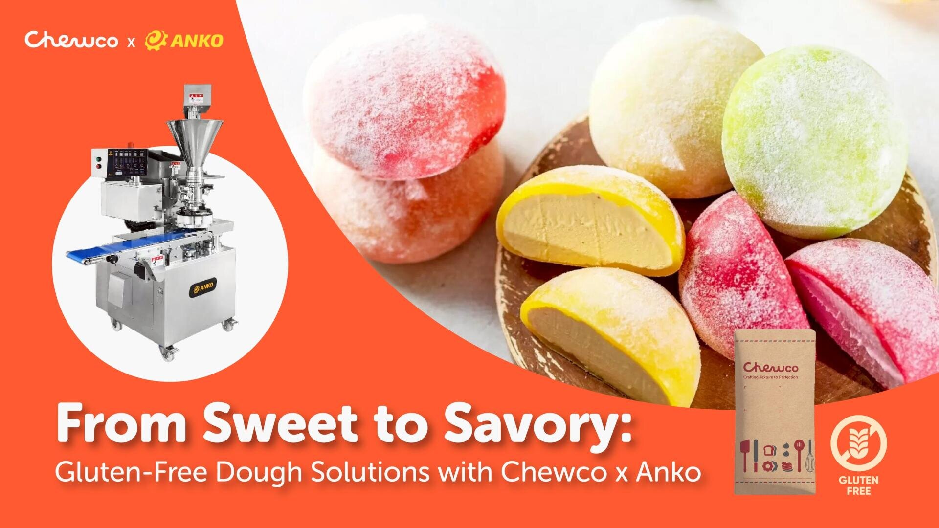 Ein Bild mit buntem Mochi in einer Schüssel, einem glutenfreien Etikett, einer Teigmaschine und dem Text: Von süß bis herzhaft: Glutenfreie Teiglösungen mit Chewco x Anko.