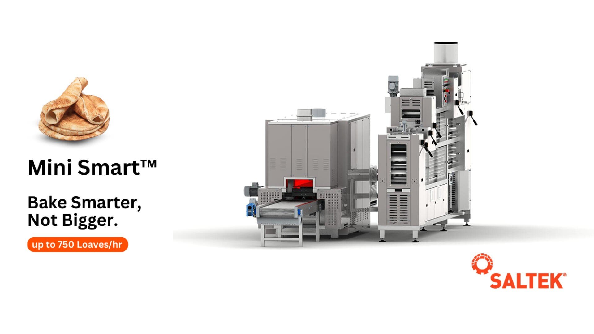 Industrial bread baking machine with conveyor, labeled Mini Smart™ Bake Smarter, Not Bigger. up to 750 loaves/hr, and SALTEK logo on a white background.
