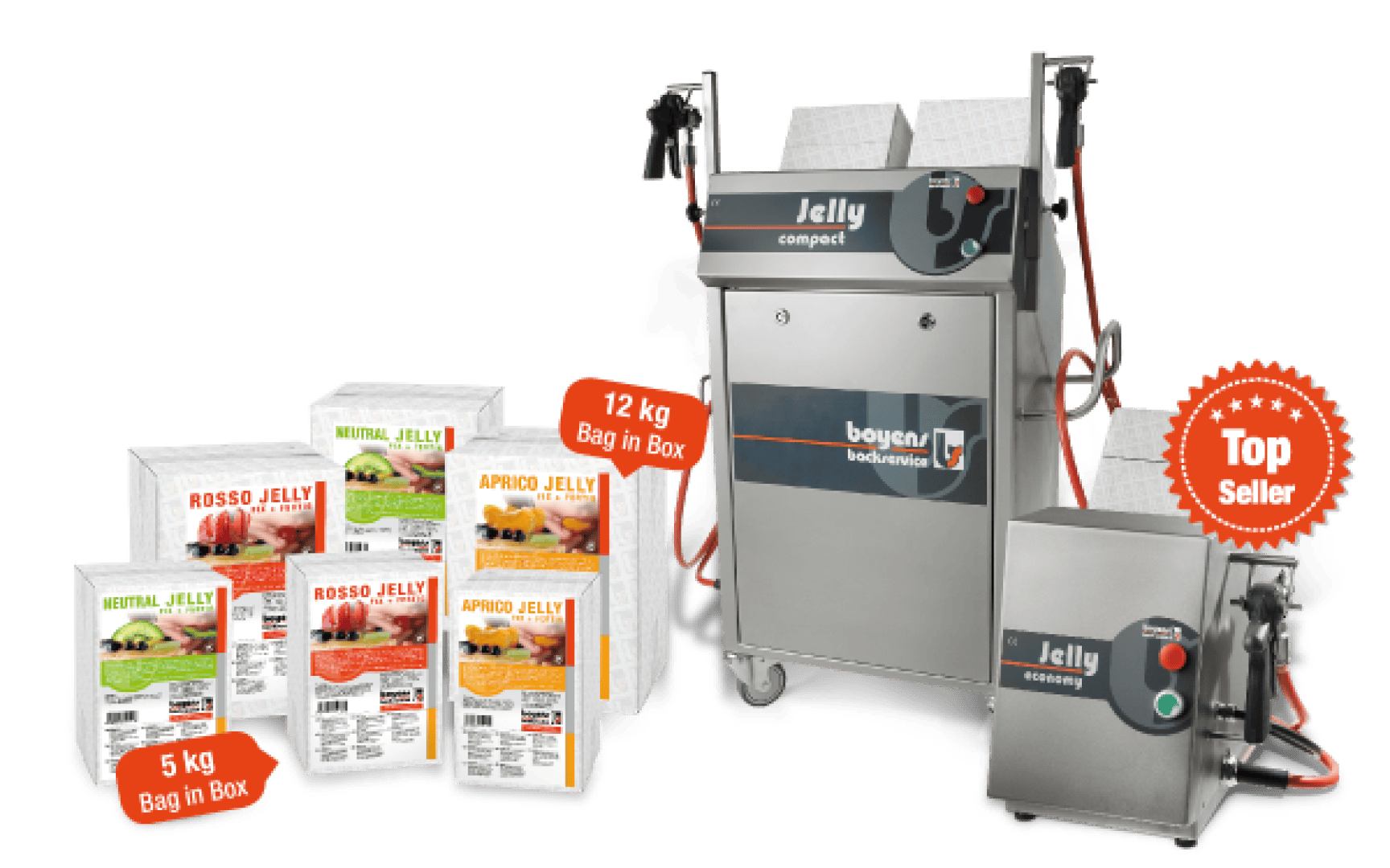 Gewerbliche Geleemaschinen mit angeschlossenen Schläuchen werden neben verschiedenen 5 kg- und 12 kg-Packungen mit Geleemix in verschiedenen Geschmacksrichtungen ausgestellt. In der Nähe der Geräte ist ein Top-Seller-Abzeichen zu sehen.