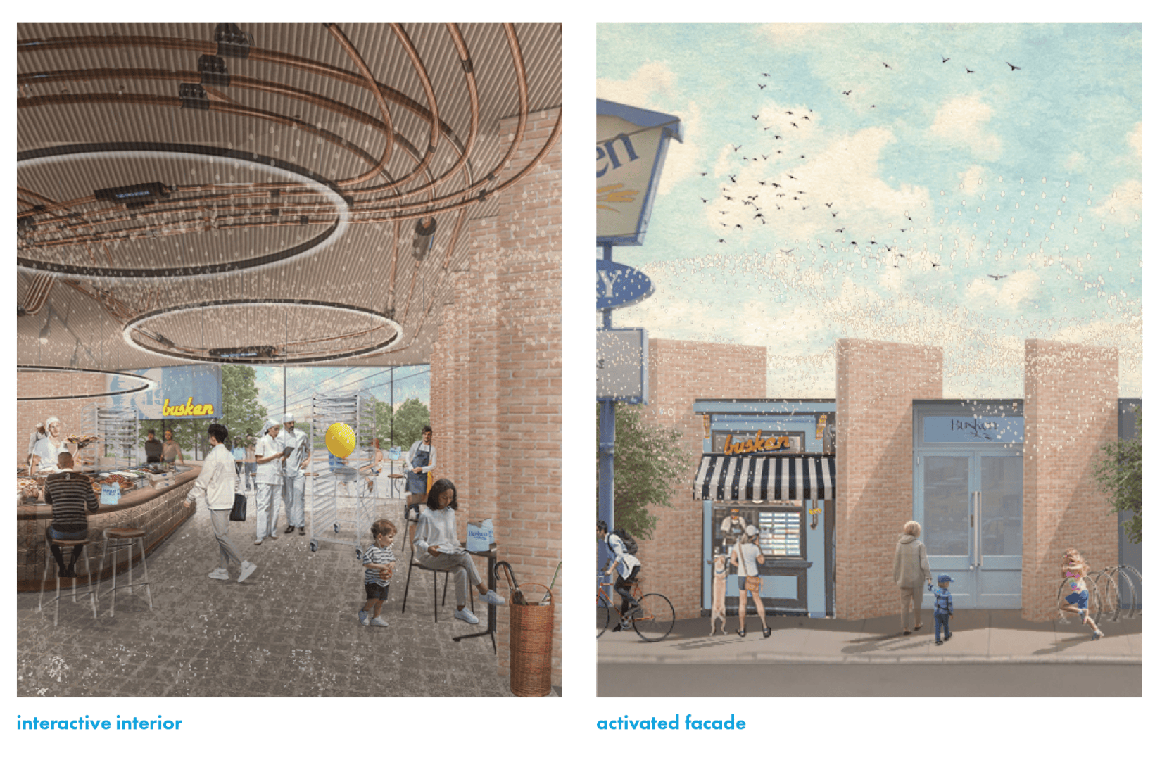 Left: Modern cafe interior with circular wooden ceiling design, people dining and interacting, and a bright atmosphere. Right: Brick facade with striped awning, people walking outside, and a flock of birds in a blue sky.