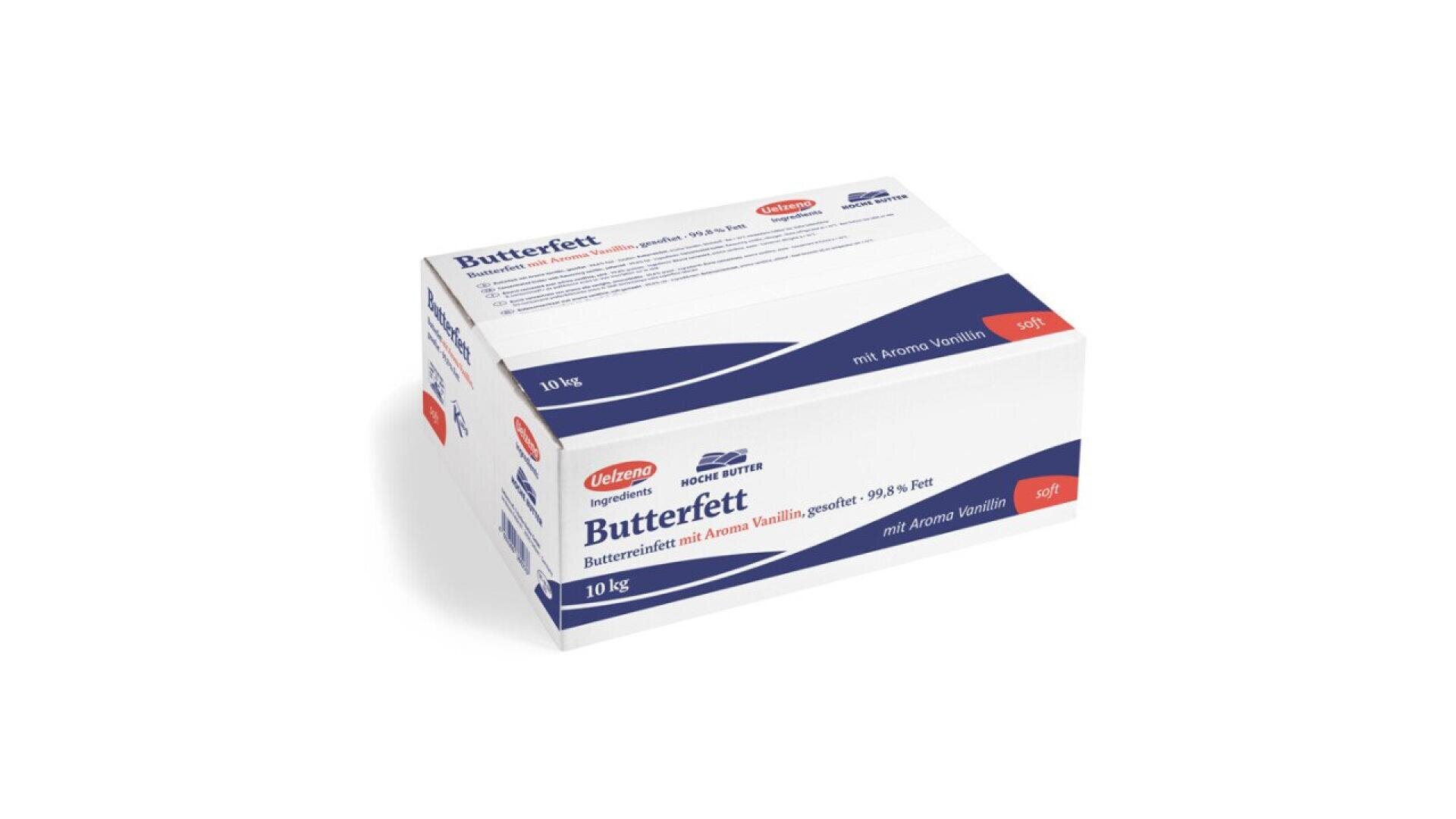 A rectangular 10 kg box of Butterfett (butter fat) with vanilla aroma, white with blue and red accents, branded by Uelzena, and labeled with product details in German.