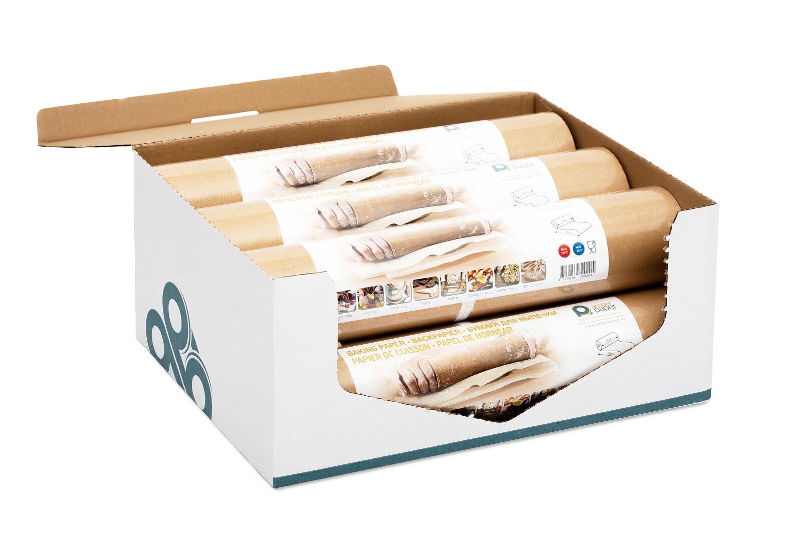 A white cardboard box with an open lid displays several rolls of brown parchment paper, each wrapped in a labeled sleeve showing a hand holding the paper. The rolls are neatly arranged inside the box.