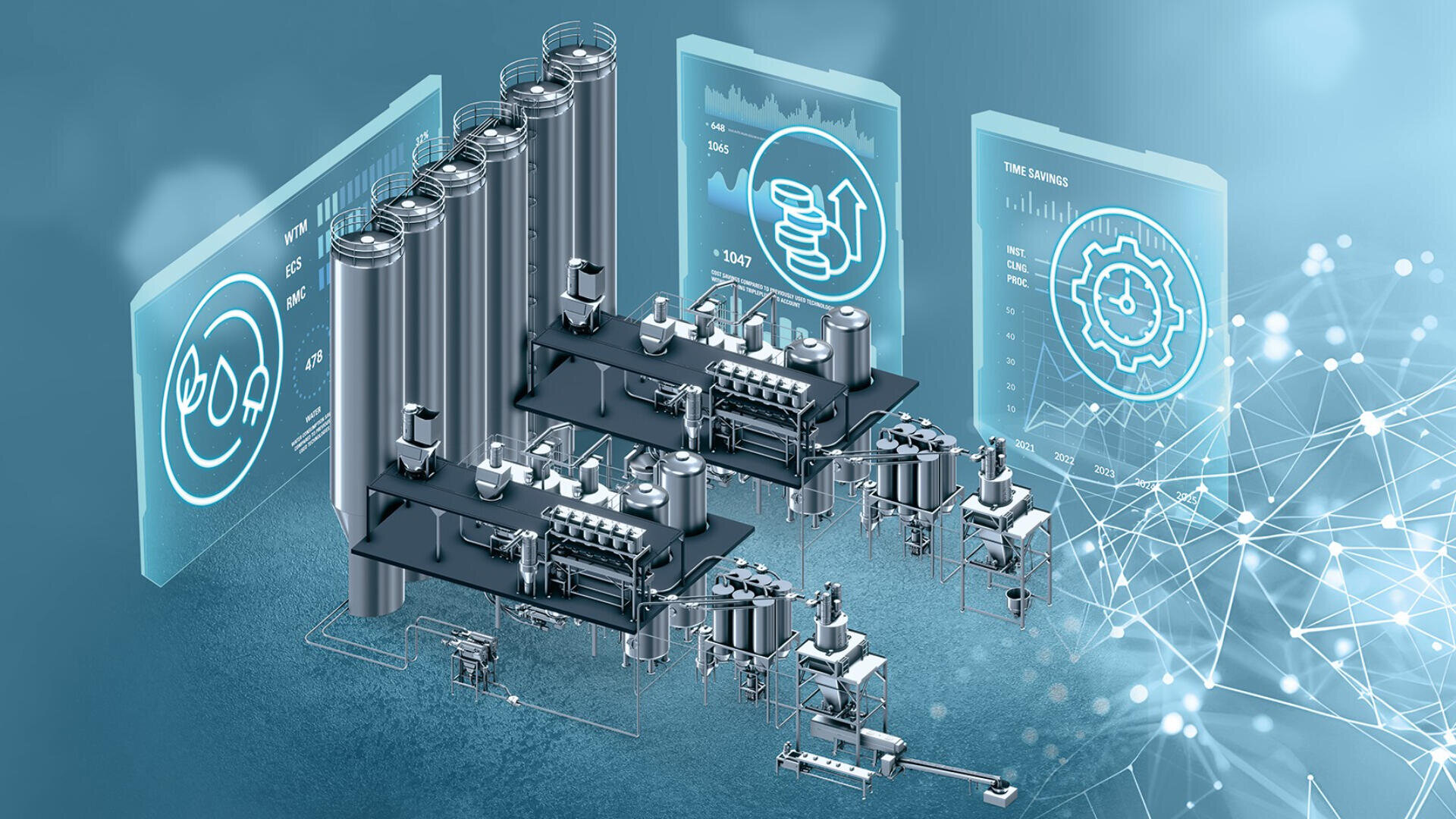 Digital illustration of an industrial plant with tall metal tanks and machinery, overlaid with transparent data screens displaying graphs, money, and gear icons, symbolizing technology and efficiency in manufacturing.