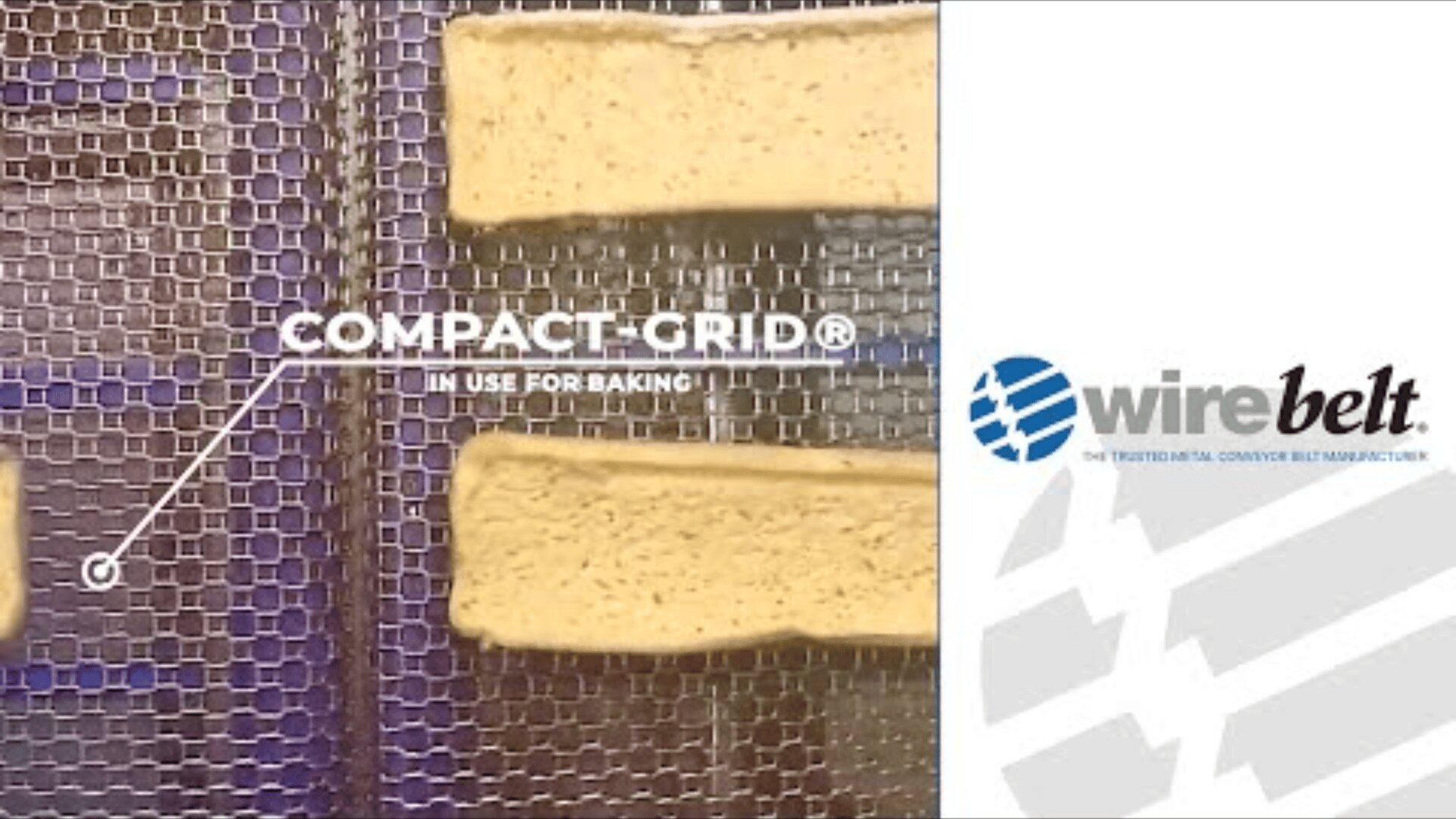 Sliced bread pieces move along a metal conveyor belt labeled “COMPACT-GRID® IN USE FOR BAKING.” The right side features the Wire Belt company logo and branding on a white background.