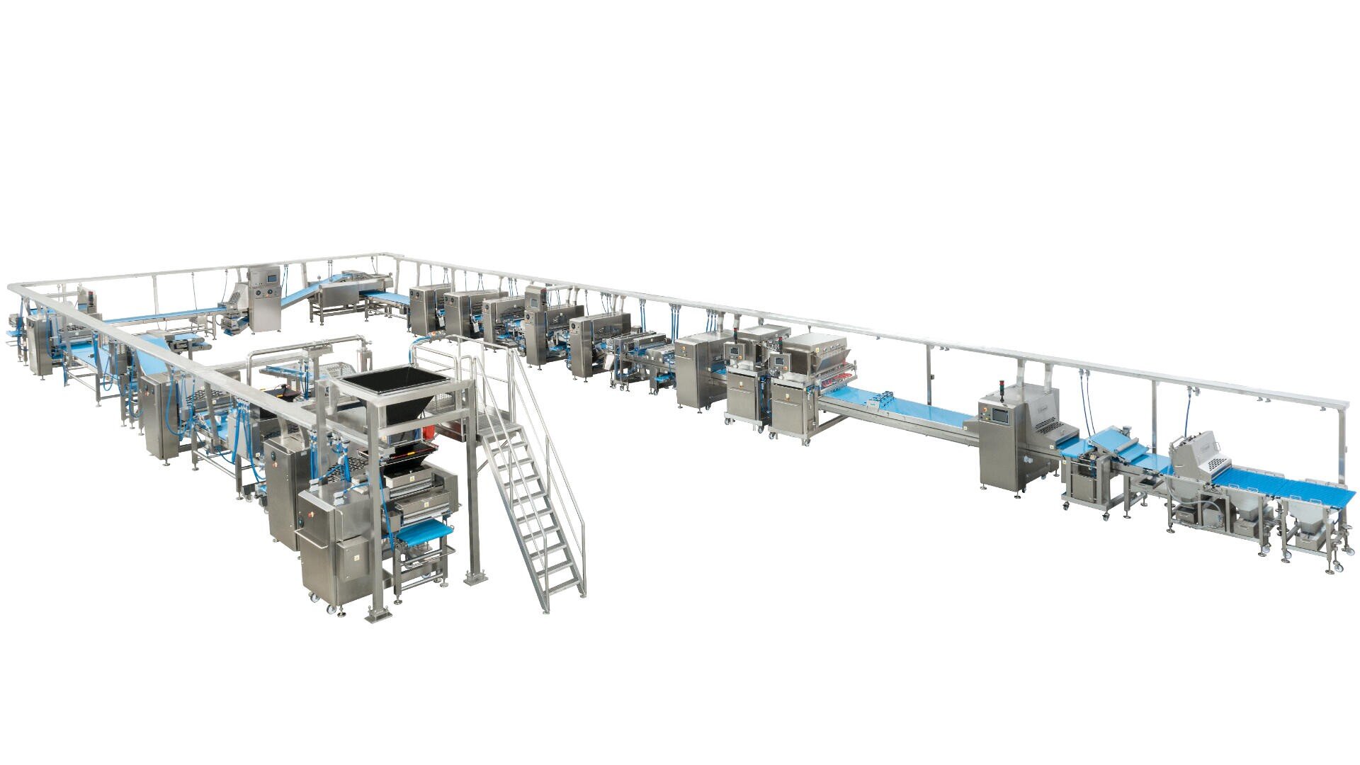 Large industrial food processing and packaging line with multiple interconnected stainless steel machines, conveyor belts, and a central staircase, all set against a white background.
