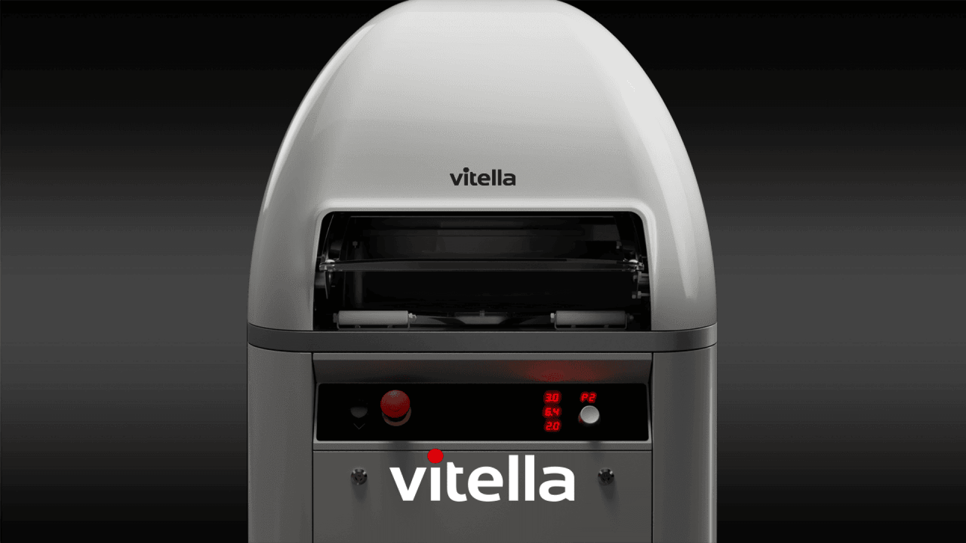 Eine Nahaufnahme einer modernen, grauen Vitella-Industriemaschine mit kuppelförmigem Oberteil und Bedienfeld, auf dessen Vorderseite das Vitella-Logo prangt.