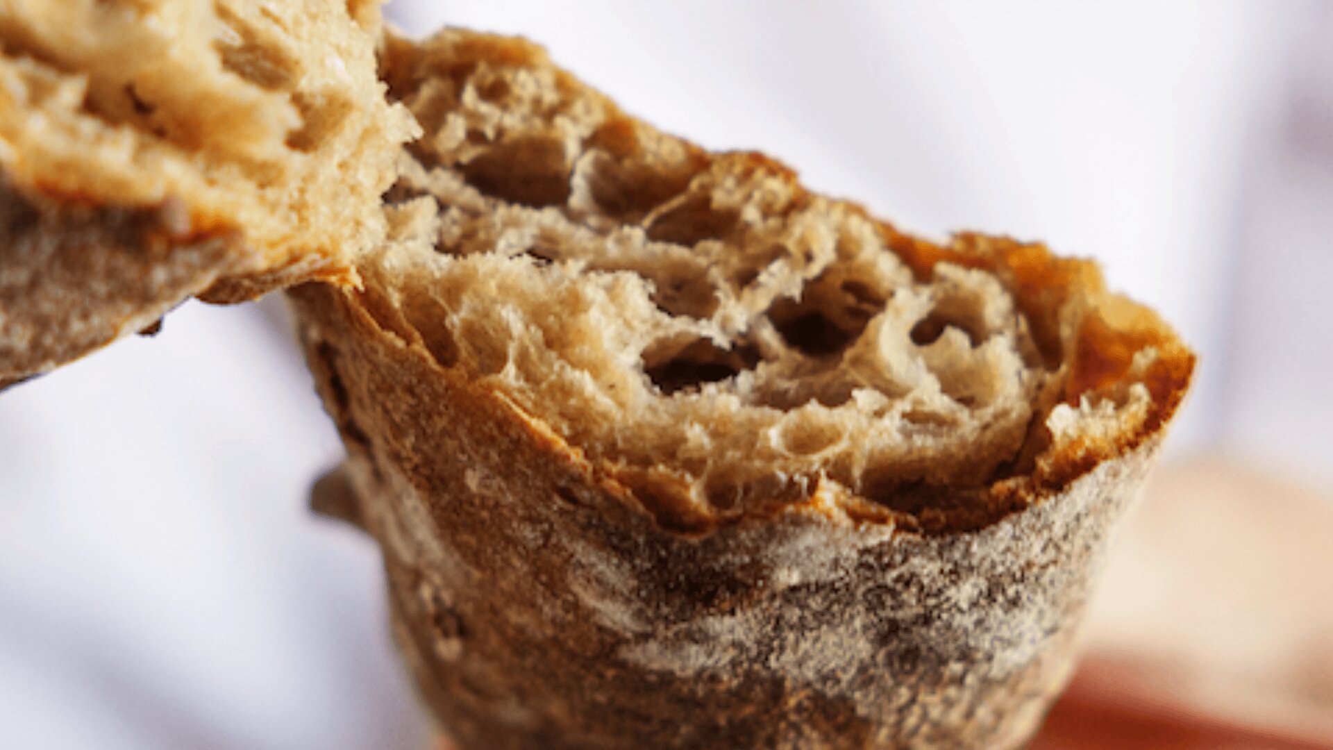 A close-up of a piece of rustic bread, showing its crusty exterior and airy, open crumb interior against a blurred background.