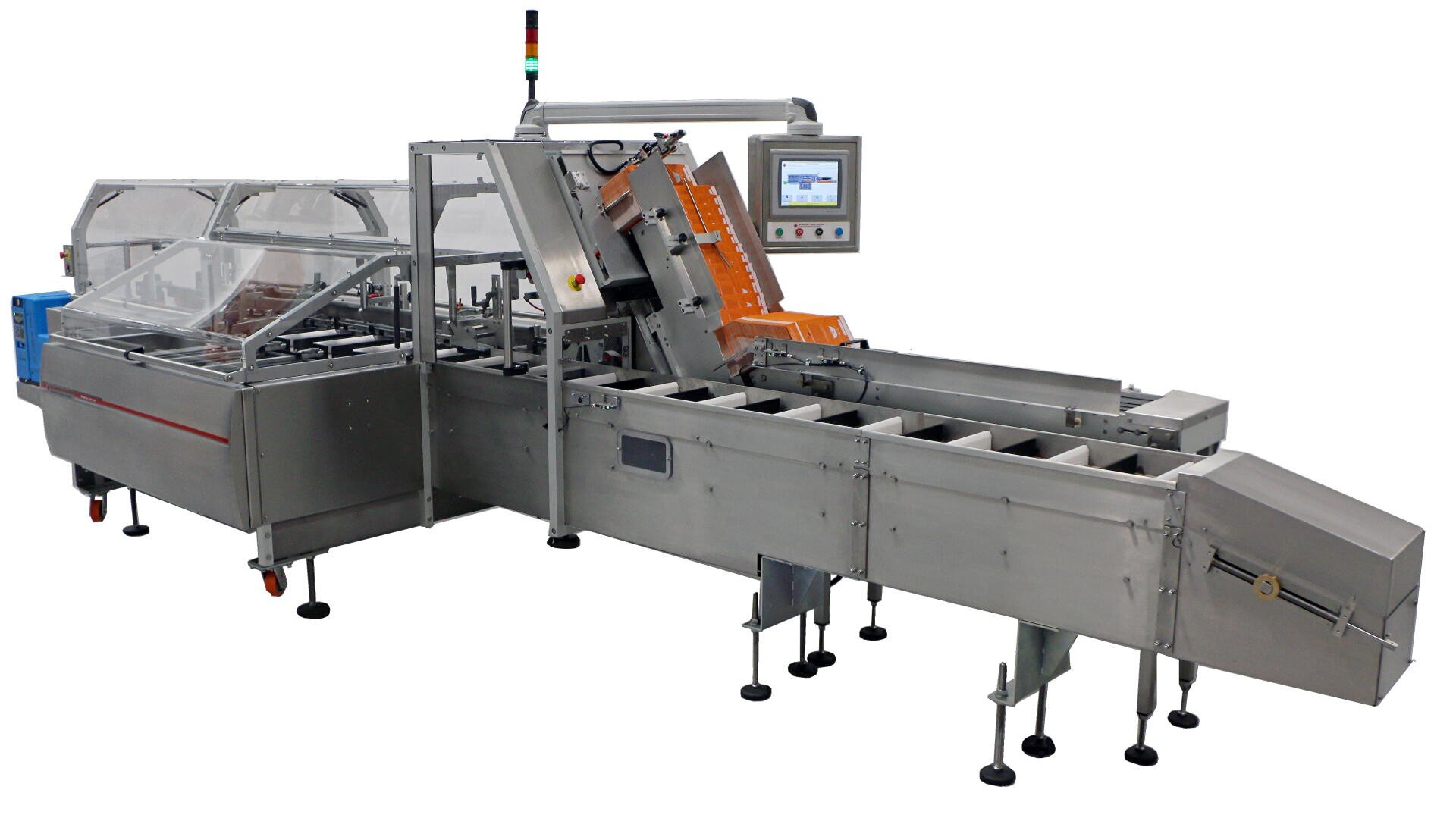 A stainless steel industrial packaging machine with a touchscreen control panel, transparent safety covers, and multiple conveyor sections, designed for automated handling and processing of products.
