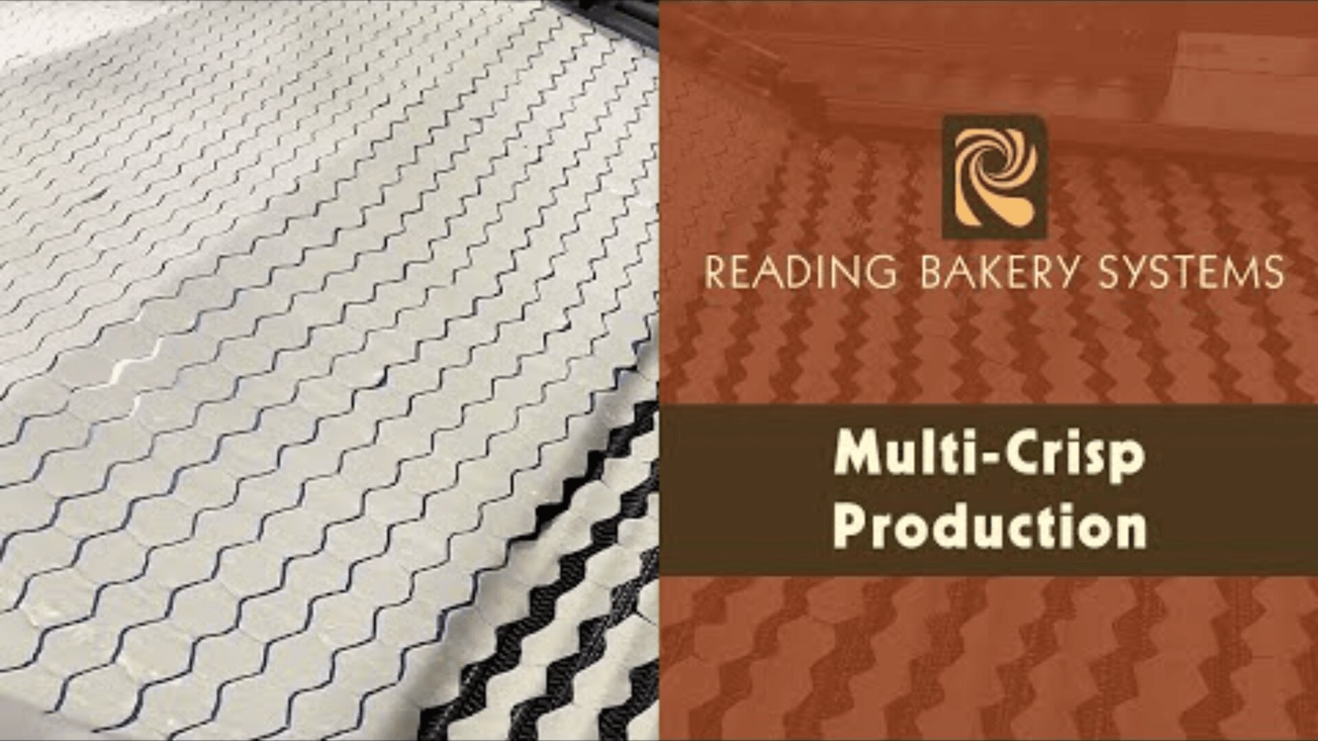 A production line with rows of chips being processed; on the right is an orange banner with the words READING BAKERY SYSTEMS and Multi-Crisp Production with a spiral logo above the text.