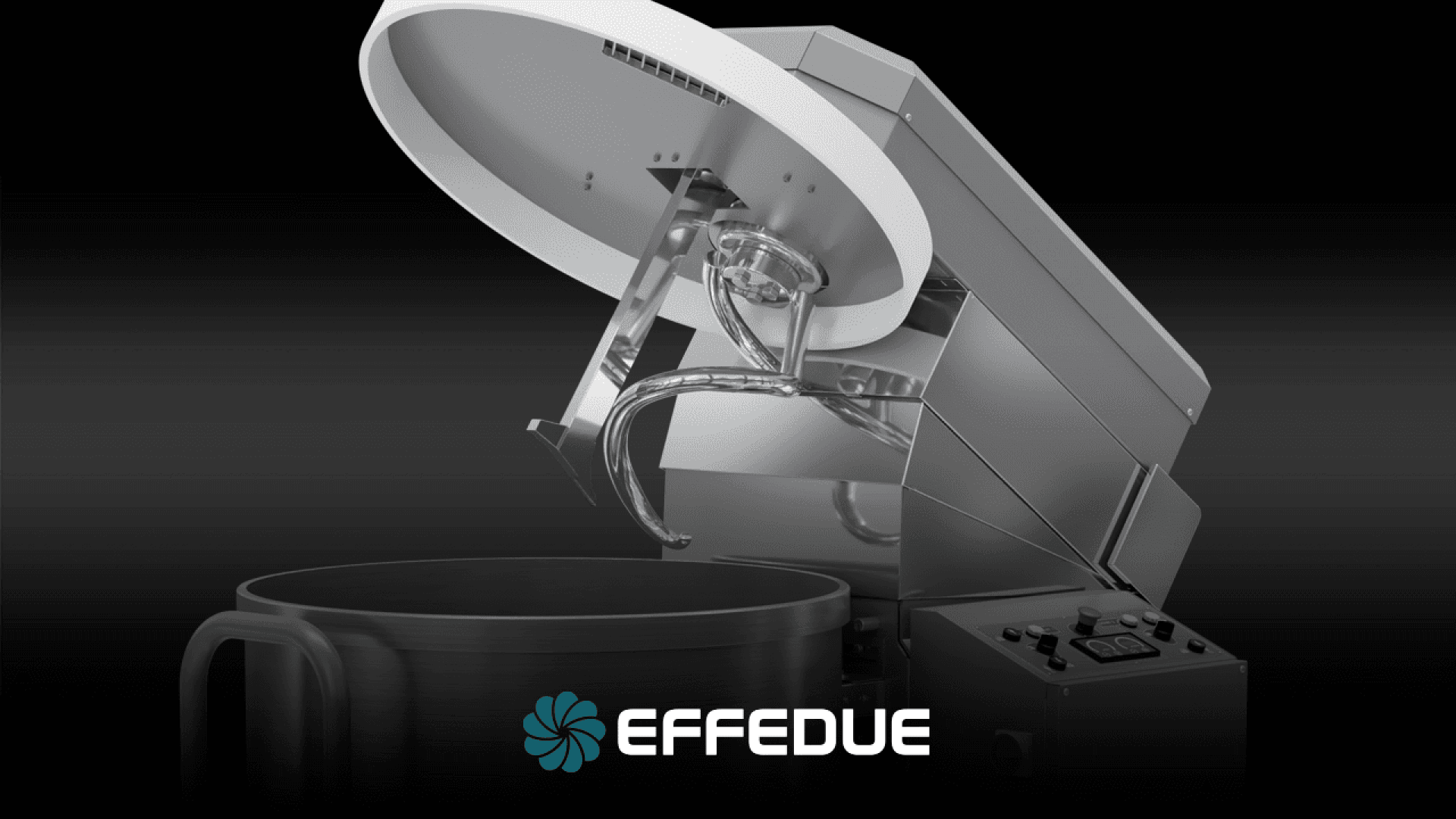 A modern industrial mixer with an open lid, showing a large mixing bowl and dough hook attachment. The machine is metallic and has control buttons, with the EFFEDUE logo displayed below.