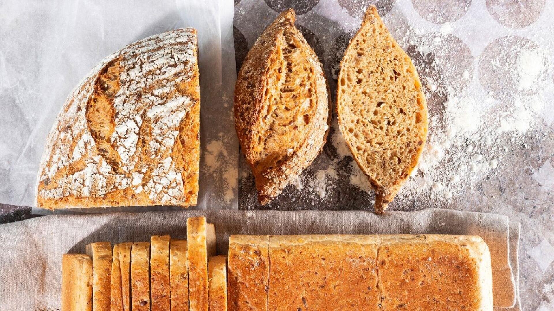 A top-down view of assorted rustic bread: a round loaf dusted with flour, two pointed oval loaves, and a rectangular loaf partially sliced, all on a lightly floured surface.