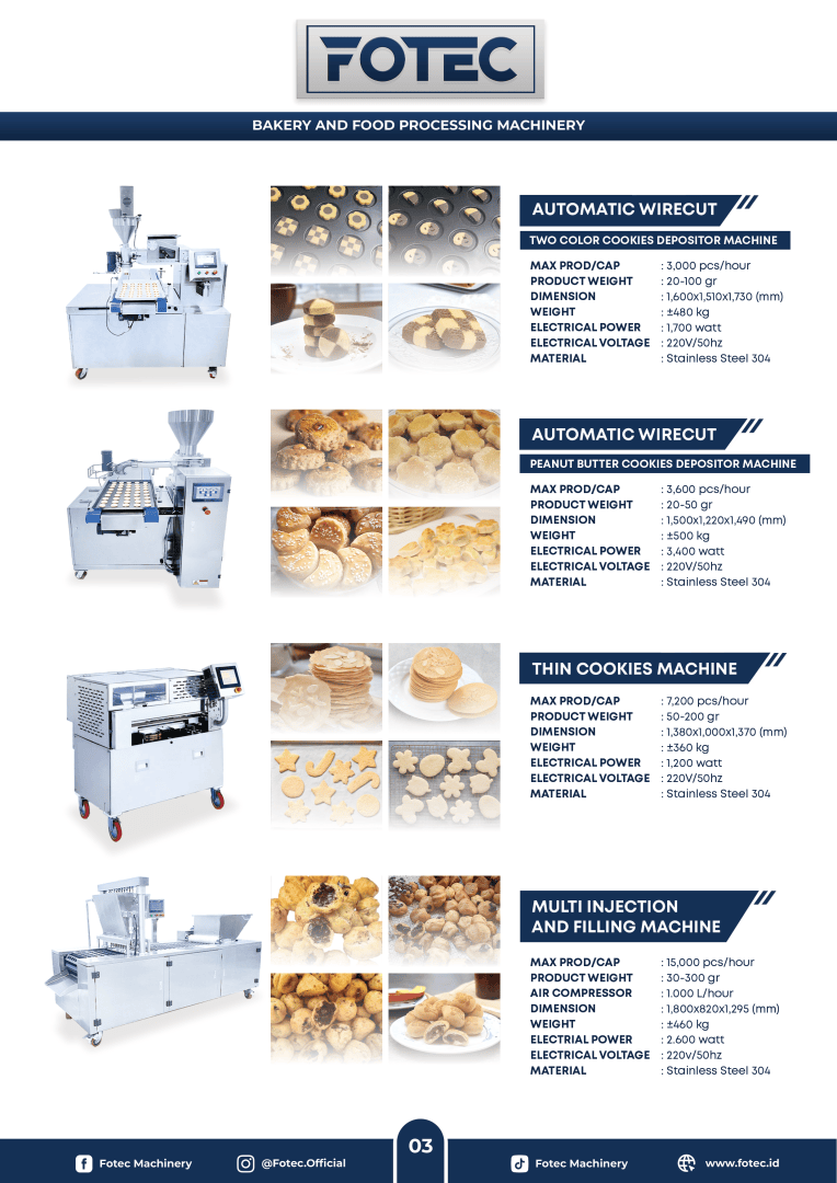 Produktkatalogseite für FOTEC Bäckerei- und Lebensmittelverarbeitungsmaschinen. Vier Maschinen werden mit Bildern jeder Maschine und Beispielen von Keksen oder Gebäck gezeigt, die sie produzieren, neben detaillierten Spezifikationen in Tabellen.