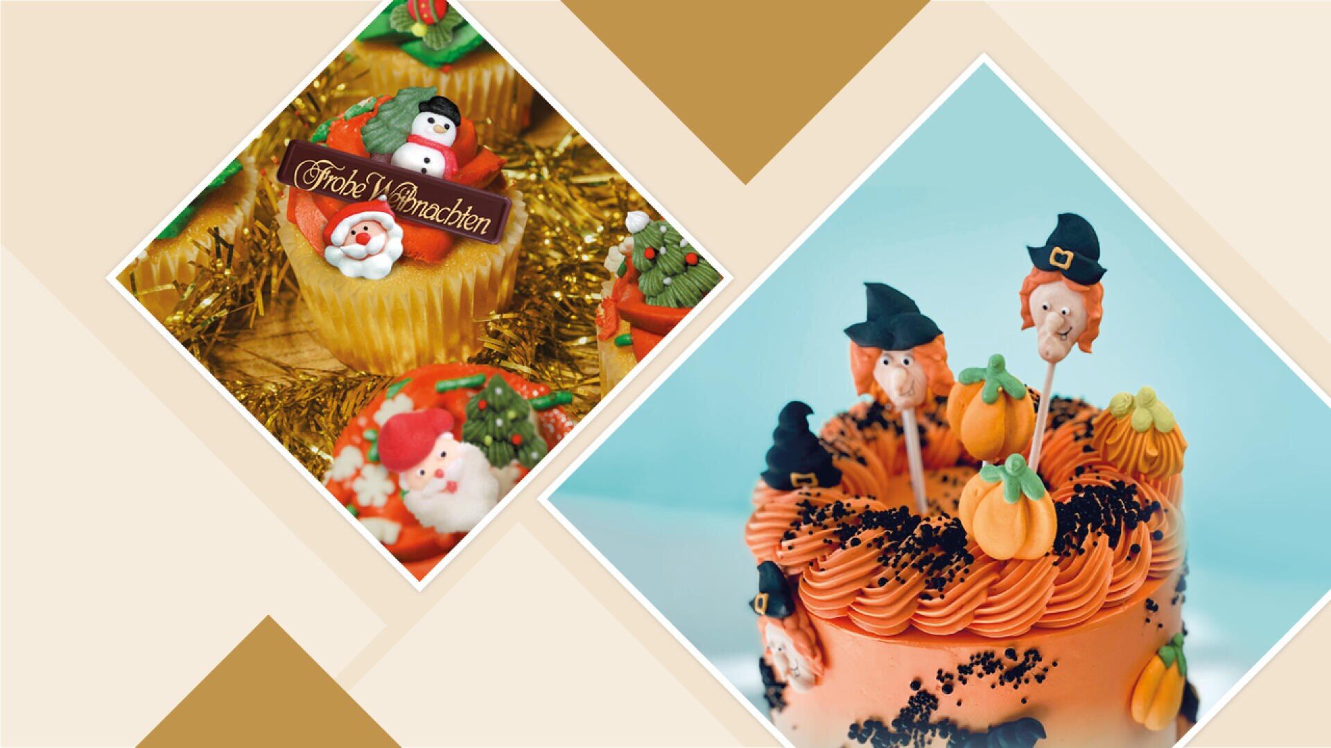 Zwei Bilder: eines zeigt Cupcakes mit Weihnachtsmotiven, die mit Weihnachtsmanngesichtern und festlichen Verzierungen verziert sind, das andere zeigt einen Halloween-Kuchen mit orangefarbener Glasur, Kürbissen und Hexenfiguren auf einem pastellfarbenen Hintergrund.