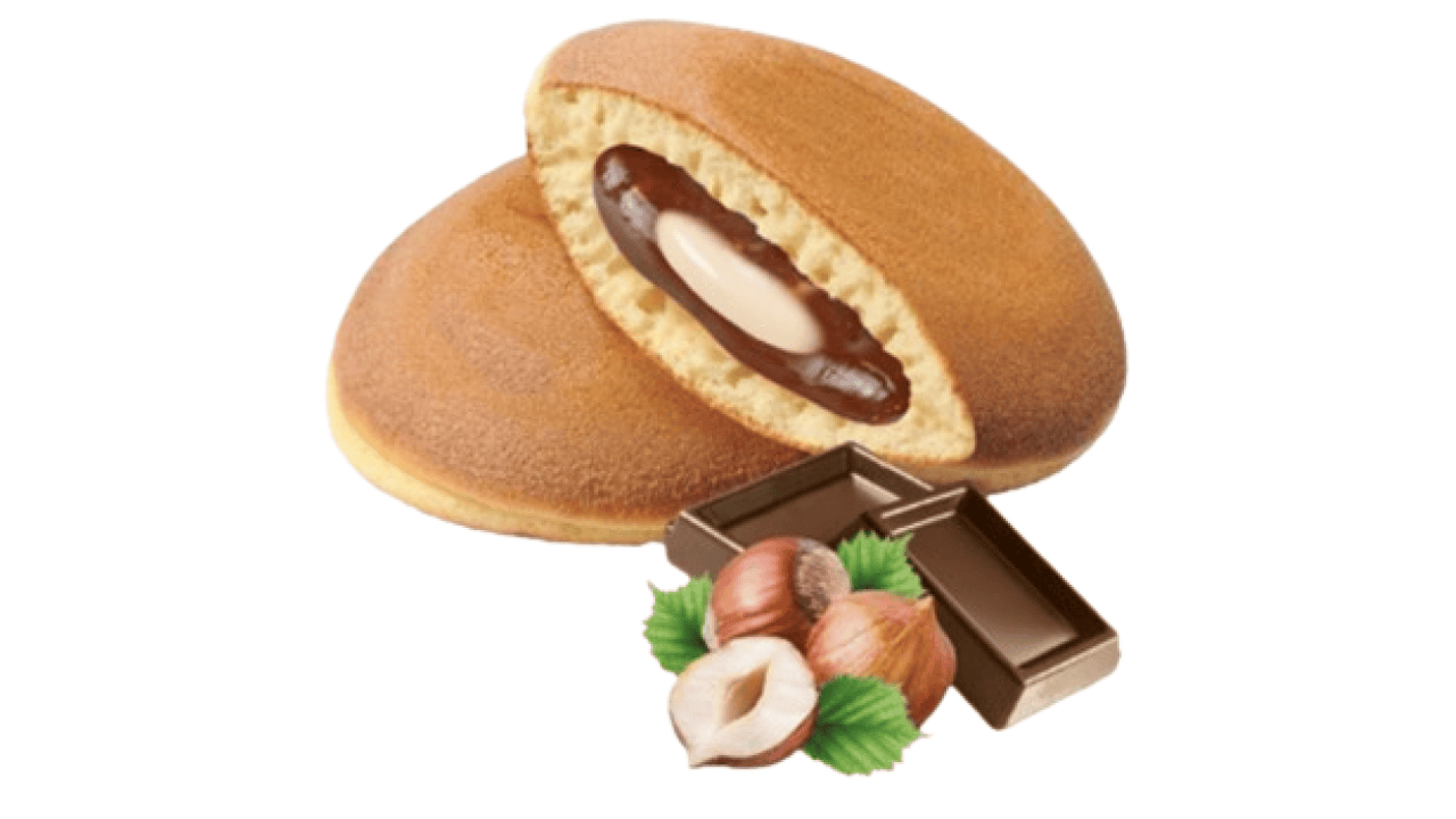 Es handelt sich um zwei weiche, runde Gebäckstücke, von denen eines aufgeschnitten ist und eine cremige Schokoladen- und Haselnussfüllung freigibt, mit ganzen Haselnüssen, grünen Blättern und Schokoladenstücken davor.