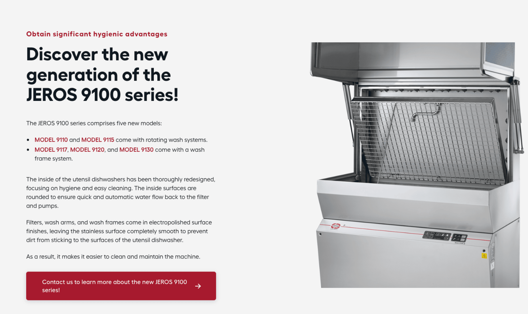A commercial dishwasher with its door open and a metal rack partially pulled out, accompanied by text introducing the new JEROS 9100 series and its models, emphasizing hygienic advantages and easy cleaning.