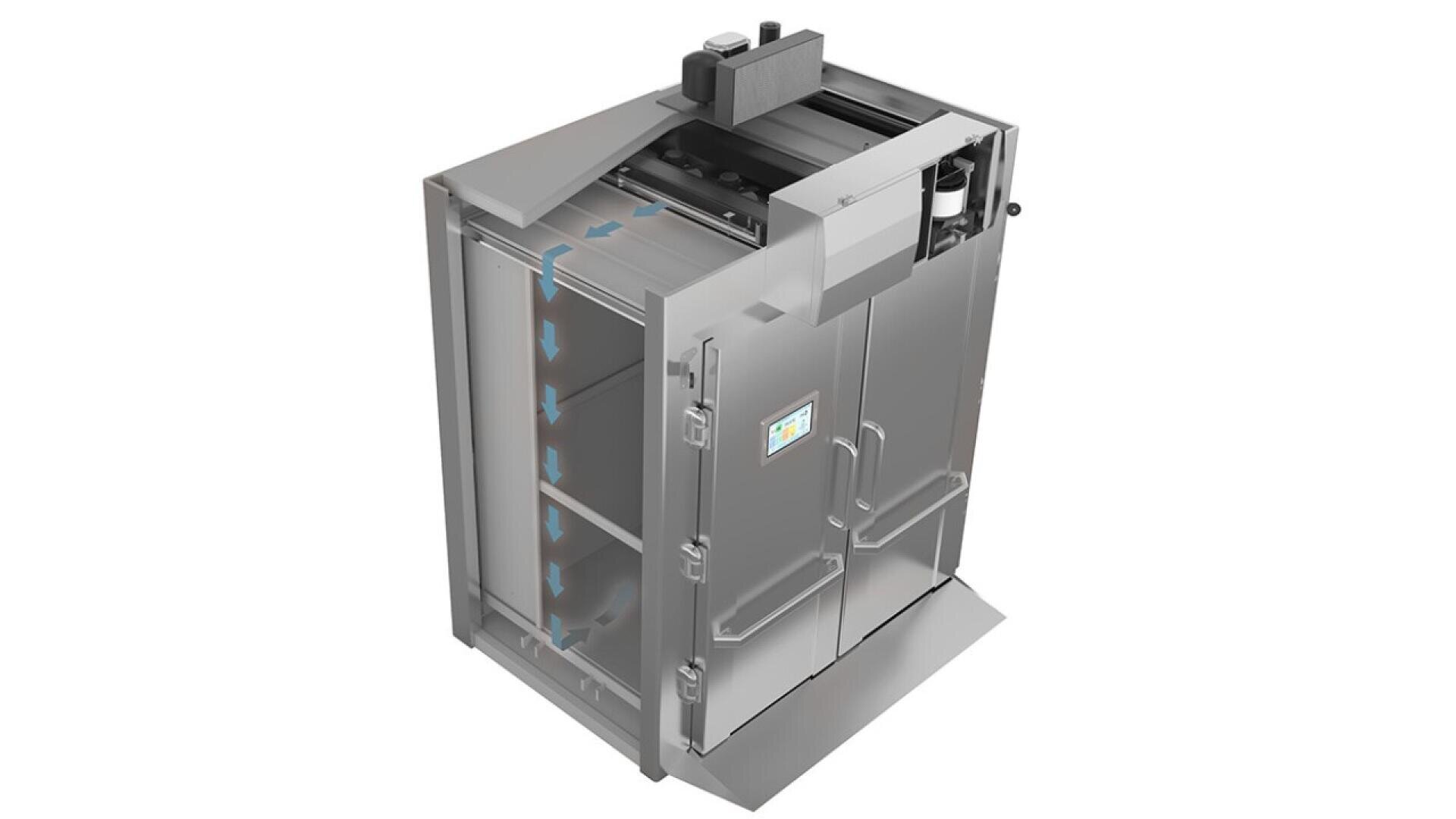 A large industrial stainless steel oven with double doors, a touchscreen control panel, an open roof revealing internal racks, and blue arrows indicating airflow inside the oven.