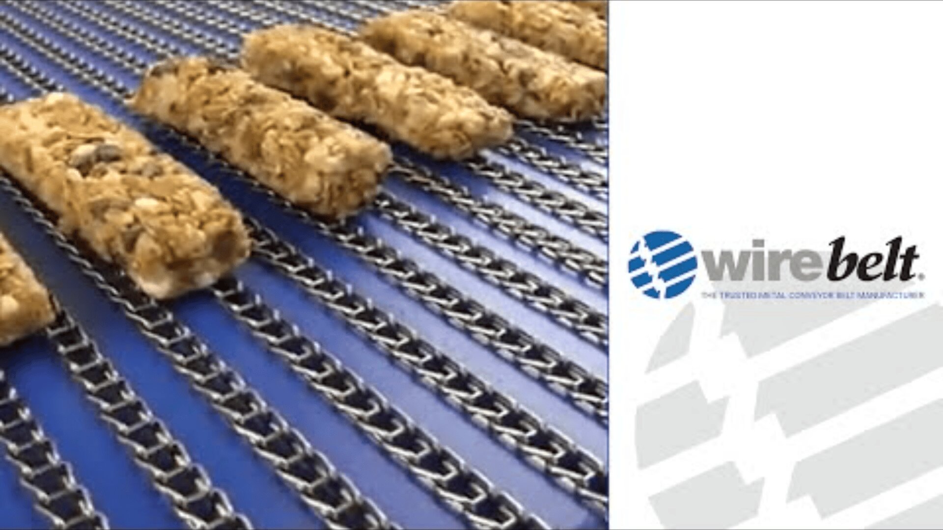 Granola bars move along a conveyor belt with metal chains on a blue surface. On the right, the Wire Belt company logo and tagline are visible against a white background.