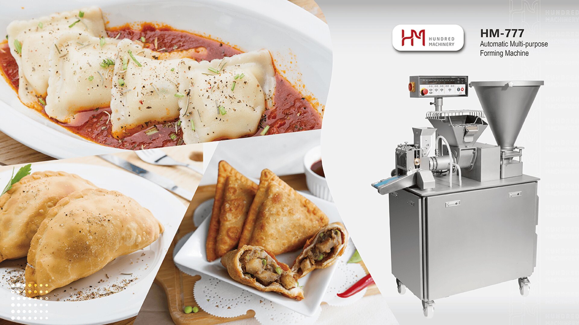 Eine Collage mit Ravioli, gebratenen Empanadas und Samosas sowie einer automatischen Mehrzweckformmaschine aus Edelstahl mit der Bezeichnung HM-777" von Hundred Machinery.