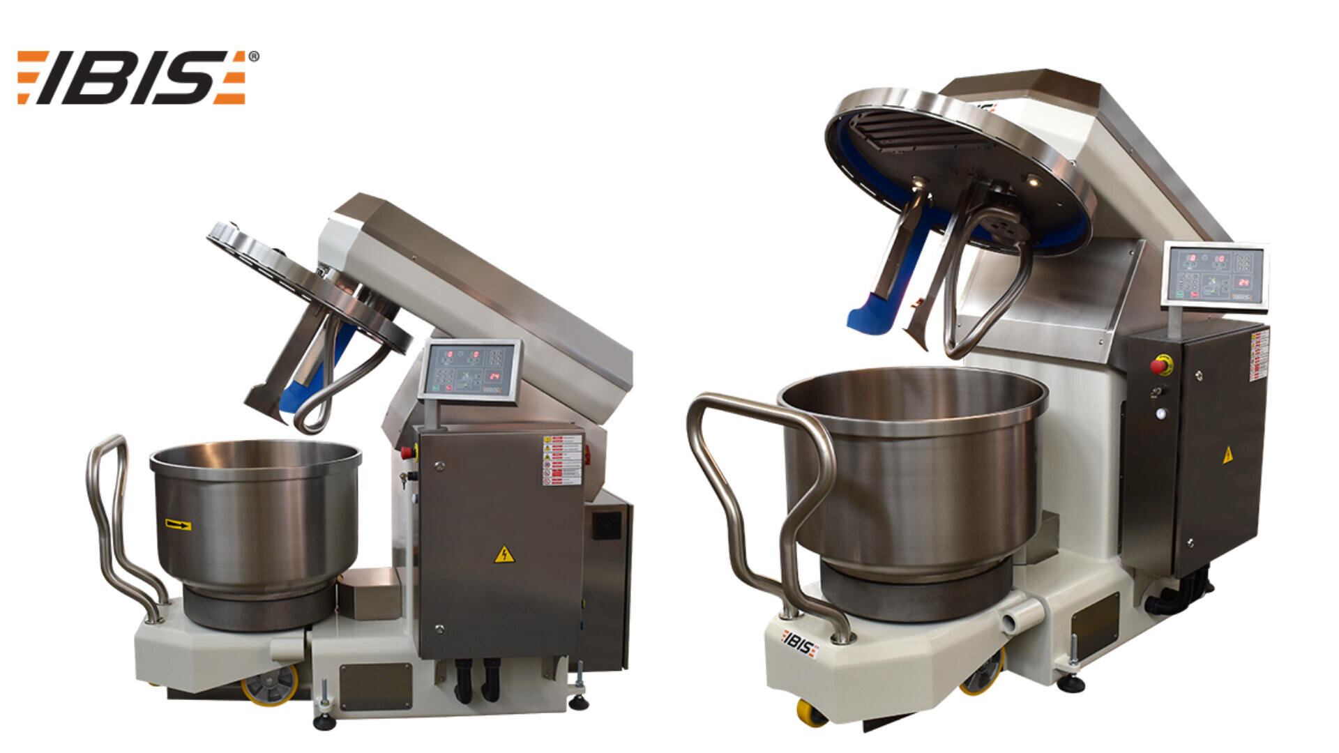 Two large industrial dough mixers with open lids and control panels are shown against a white background. The IBIS logo is visible in the top left corner.