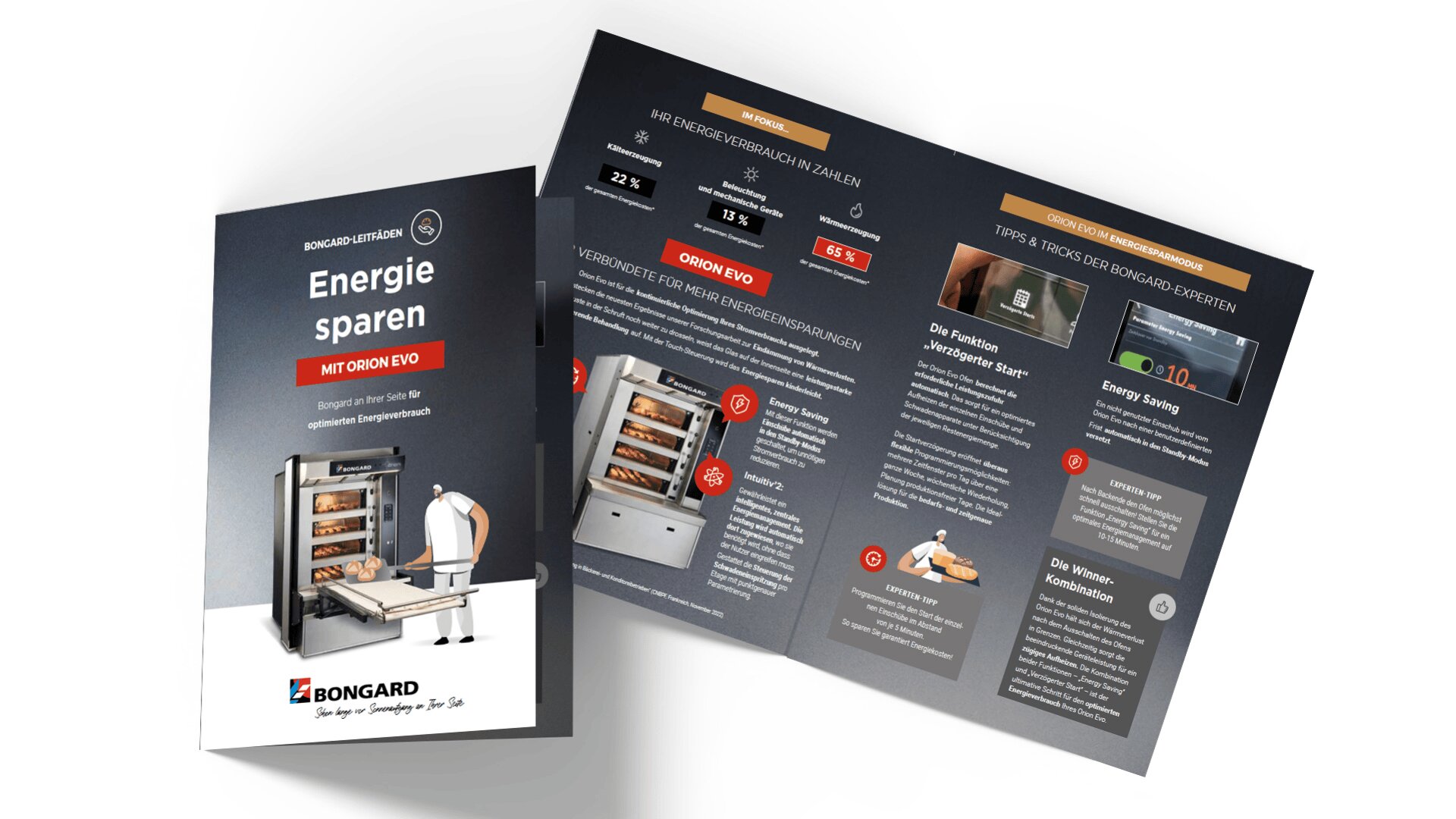 Zwei Broschüren, die einen Industrieofen und einen Bäcker zeigen, mit deutschem Text über Energiespartipps von Bongard, Statistiken und Abbildungen von Öfen und Backgeräten. Das Layout ist modern mit Grafiken und Diagrammen.