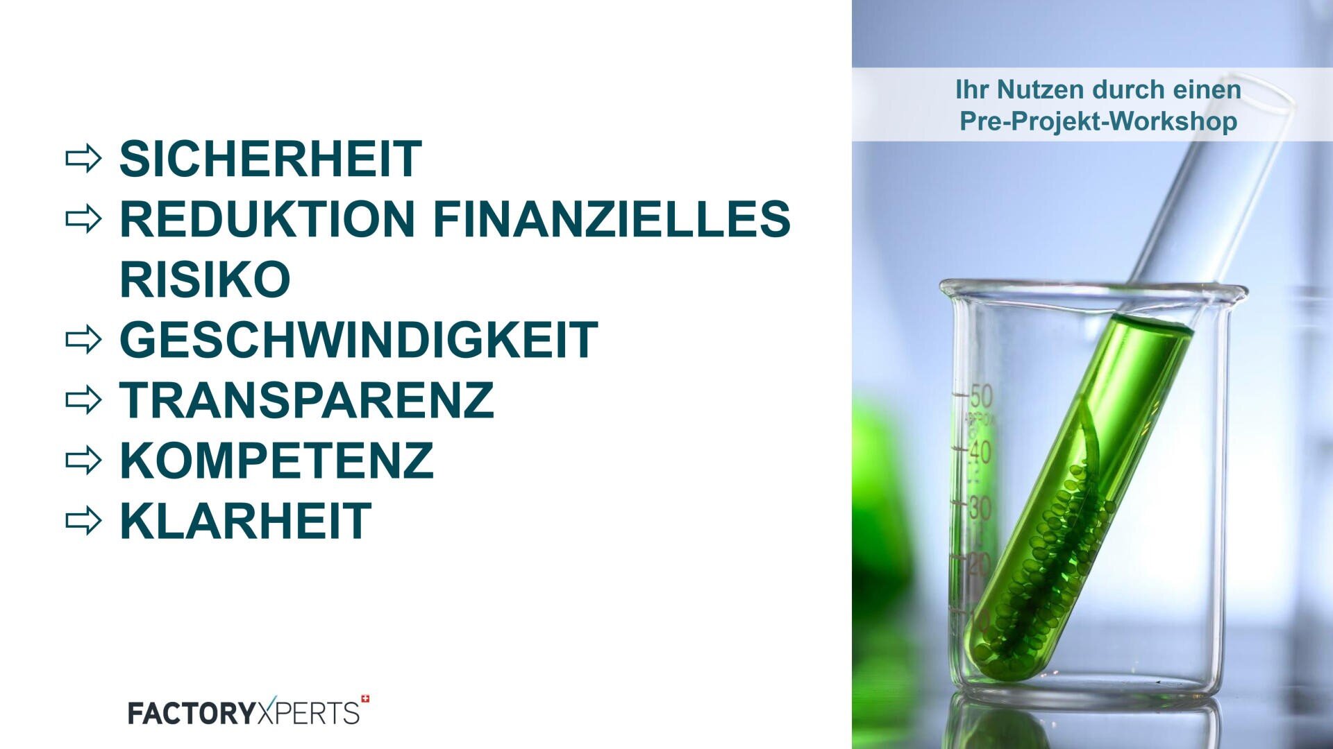 Eine Liste von Vorteilen eines Workshops in deutscher Sprache, darunter Sicherheit, geringeres finanzielles Risiko, Schnelligkeit, Transparenz, Kompetenz und Klarheit, neben dem Bild einer grünen Flüssigkeit in einem Reagenzglas und einem Becherglas.