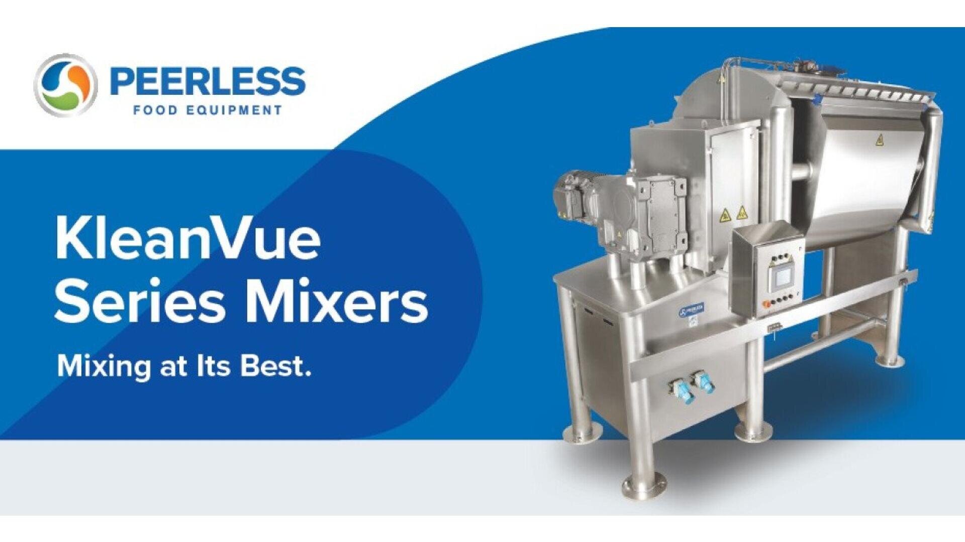 Werbung für Peerless Food Equipment mit einem großen industriellen Mixer der KleanVue-Serie und dem Slogan "Mixing at Its Best".