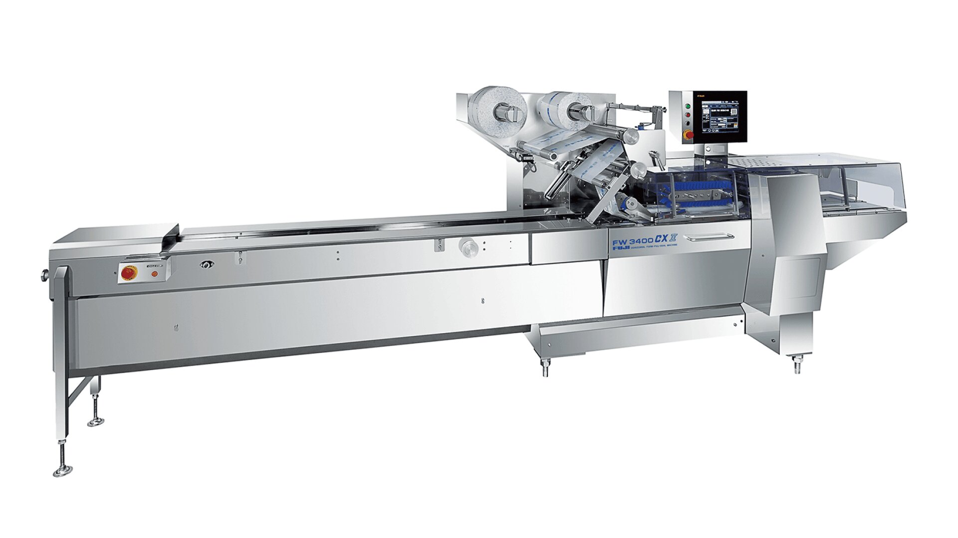 A modern, stainless steel automatic packaging machine with rolls of film, a conveyor belt, and a digital control panel, designed for high-speed food or product wrapping in industrial settings.