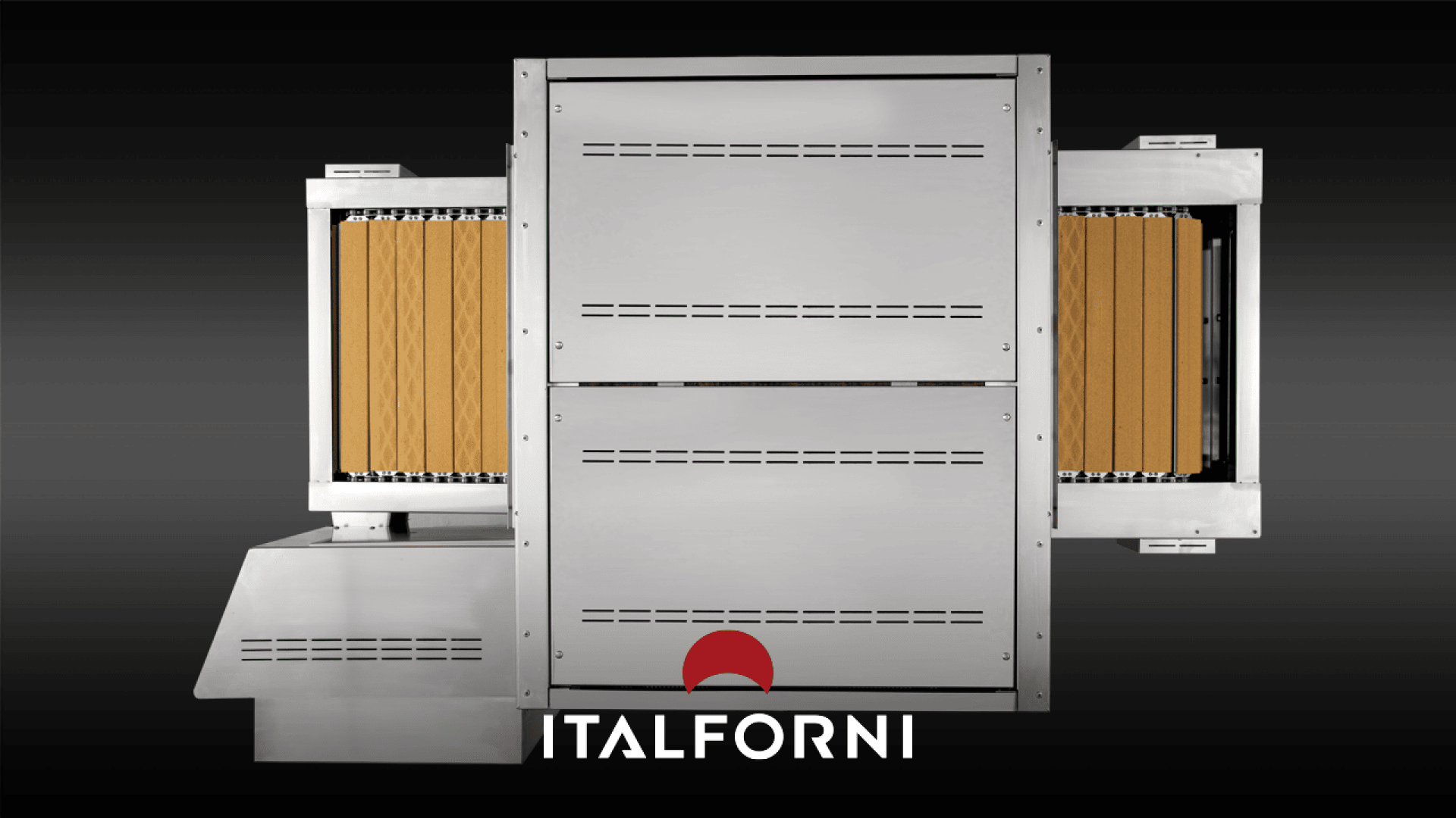 Ein gewerblicher Backofen aus Edelstahl mit ziegelsteinähnlichen Heizplatten auf beiden Seiten, auf schwarzem Hintergrund mit dem Italforni-Logo darunter in Weiß und Rot.