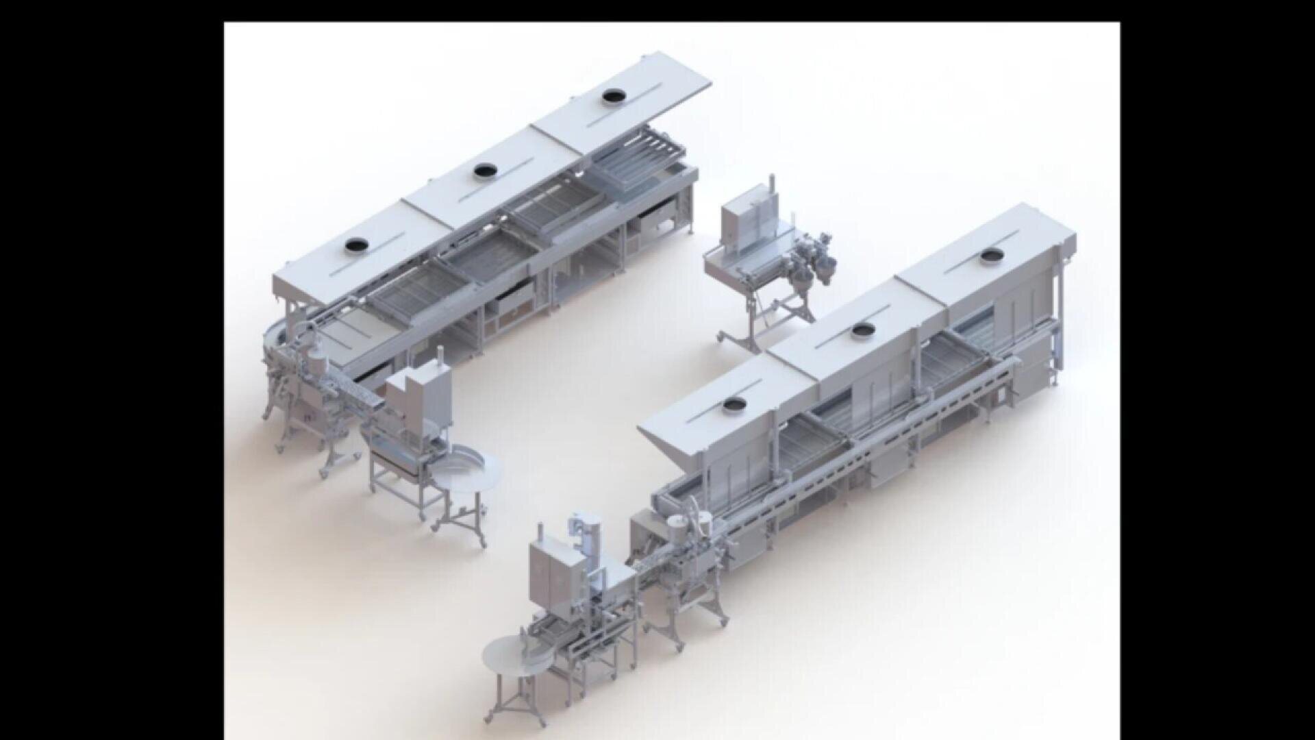 A 3D-rendered image of an industrial food processing conveyor system with several enclosed workstations, machinery, and tables, arranged in a U-shape on a white background.